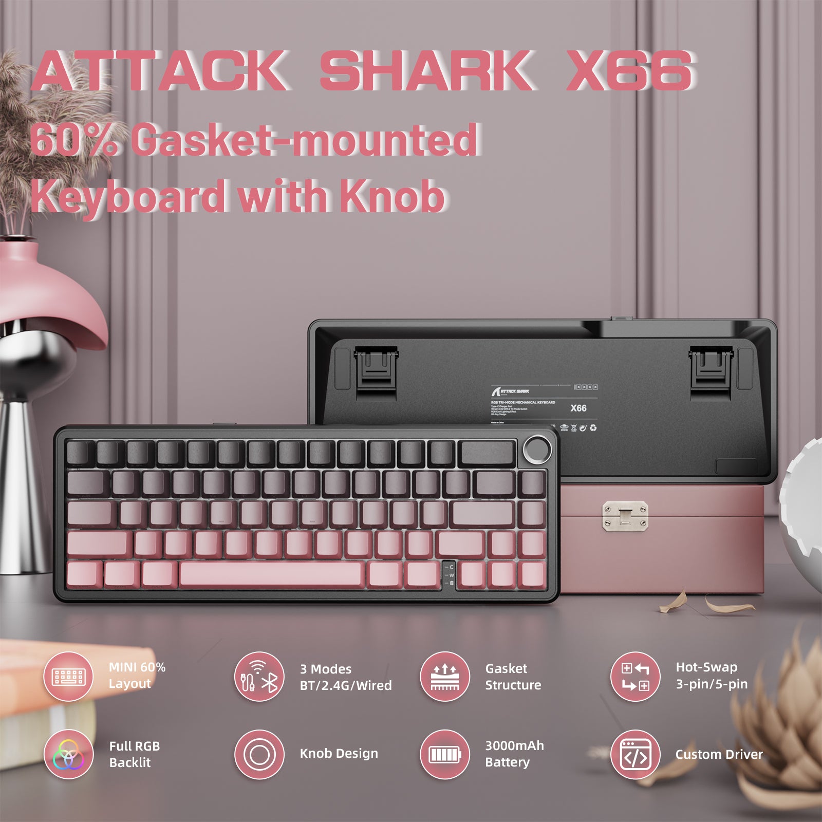 ATTACK SHARK X66 Wireless Mechanical Keyboard with 8K Coiled Cable