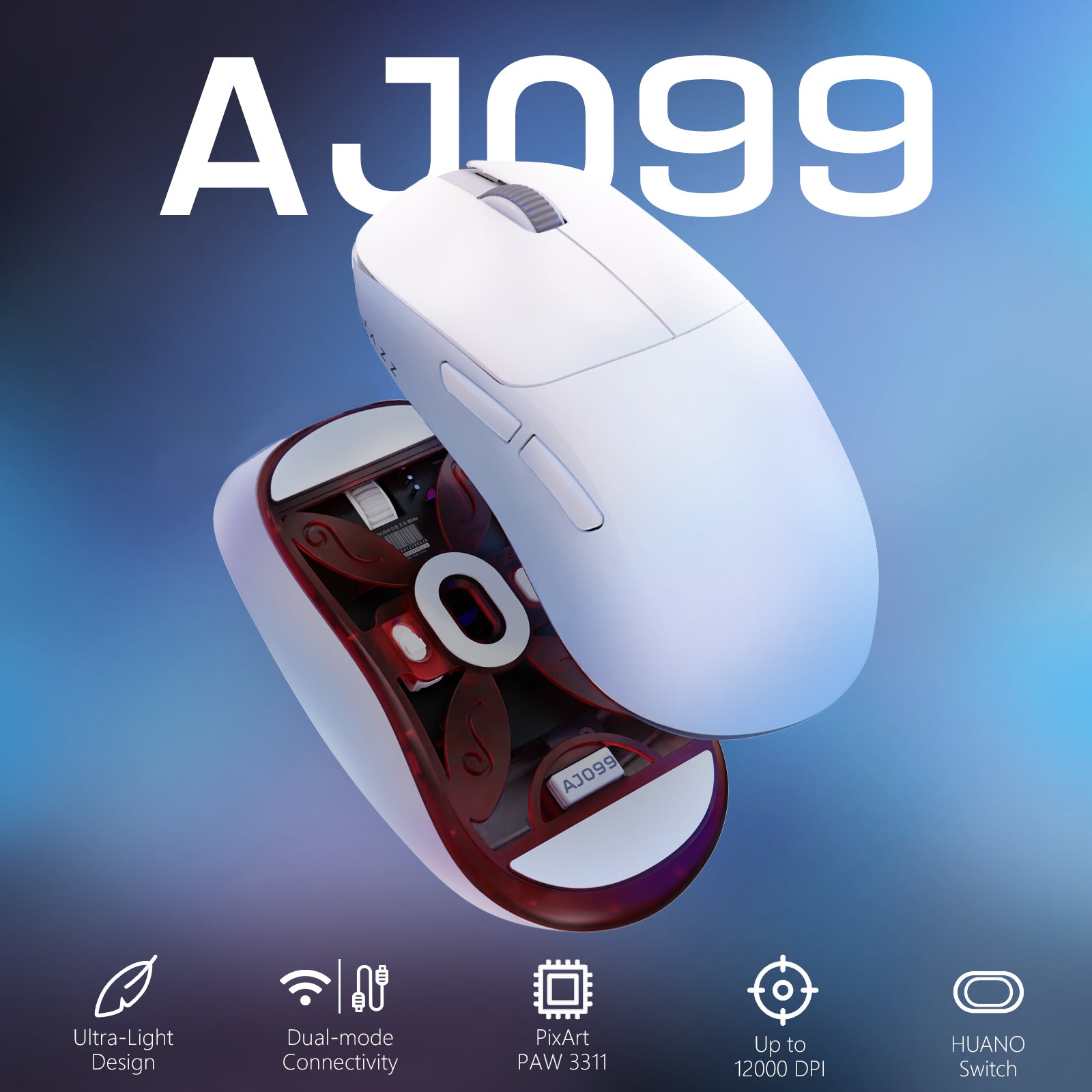 AJAZZ AJ099 wireless gaming mouse showing ultra-light design and PixArt PAW3311 sensor