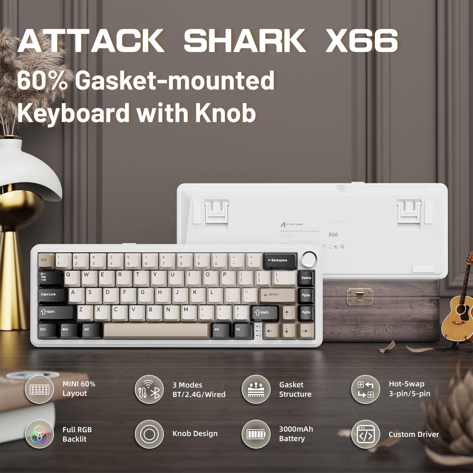 ATTACK SHARK X66 Wireless Mechanical Keyboard with 8K Coiled Cable