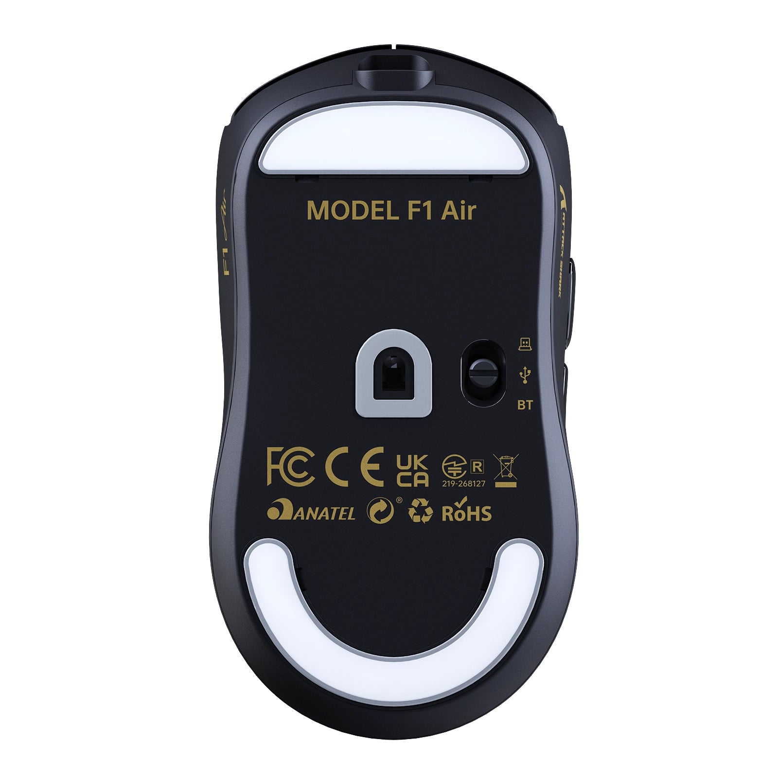 Bottom view of ATTACK SHARK F1 Air wireless gaming mouse with PTFE skates and tri-mode switch