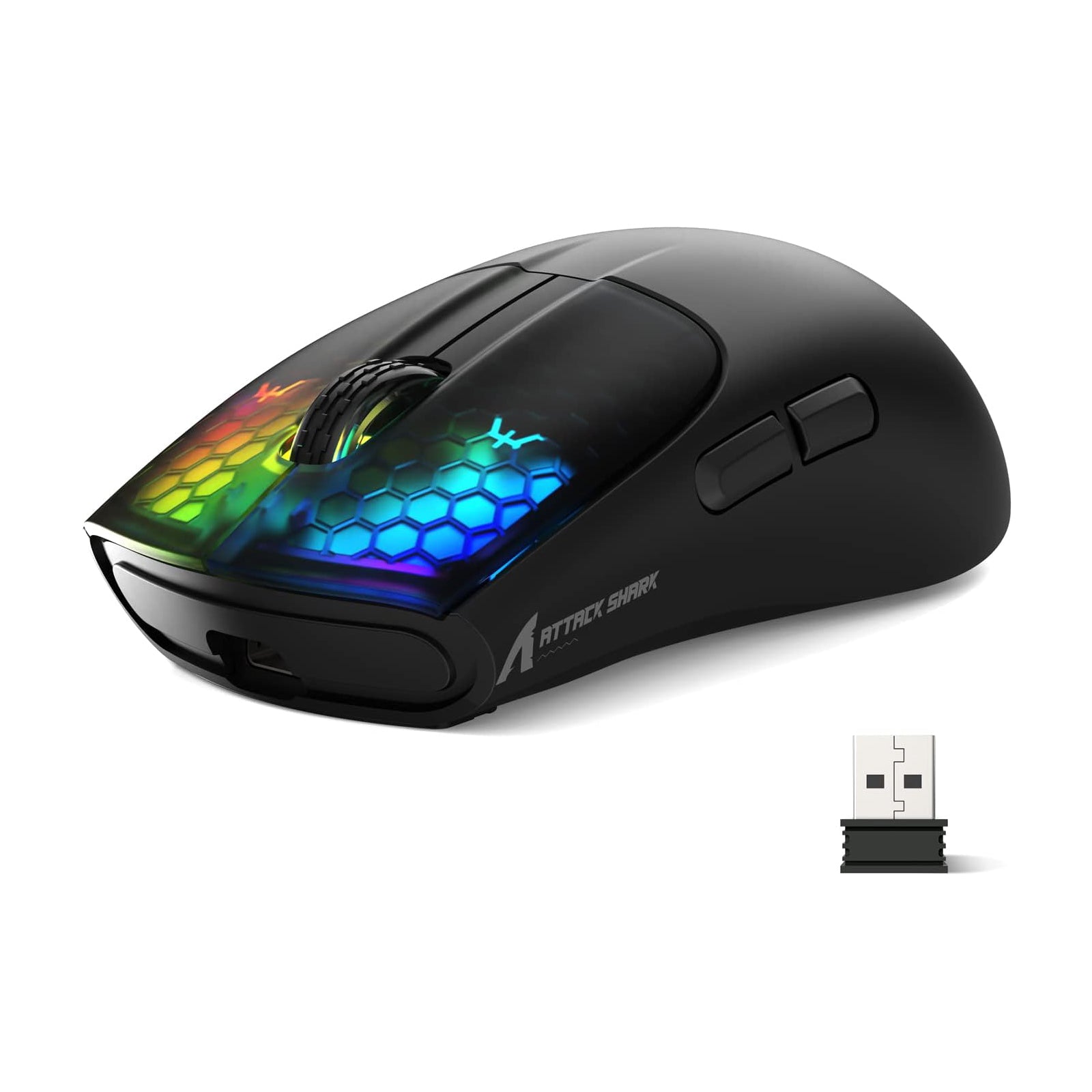 Black Attack Shark X5 wireless gaming mouse with RGB lights and USB receiver.