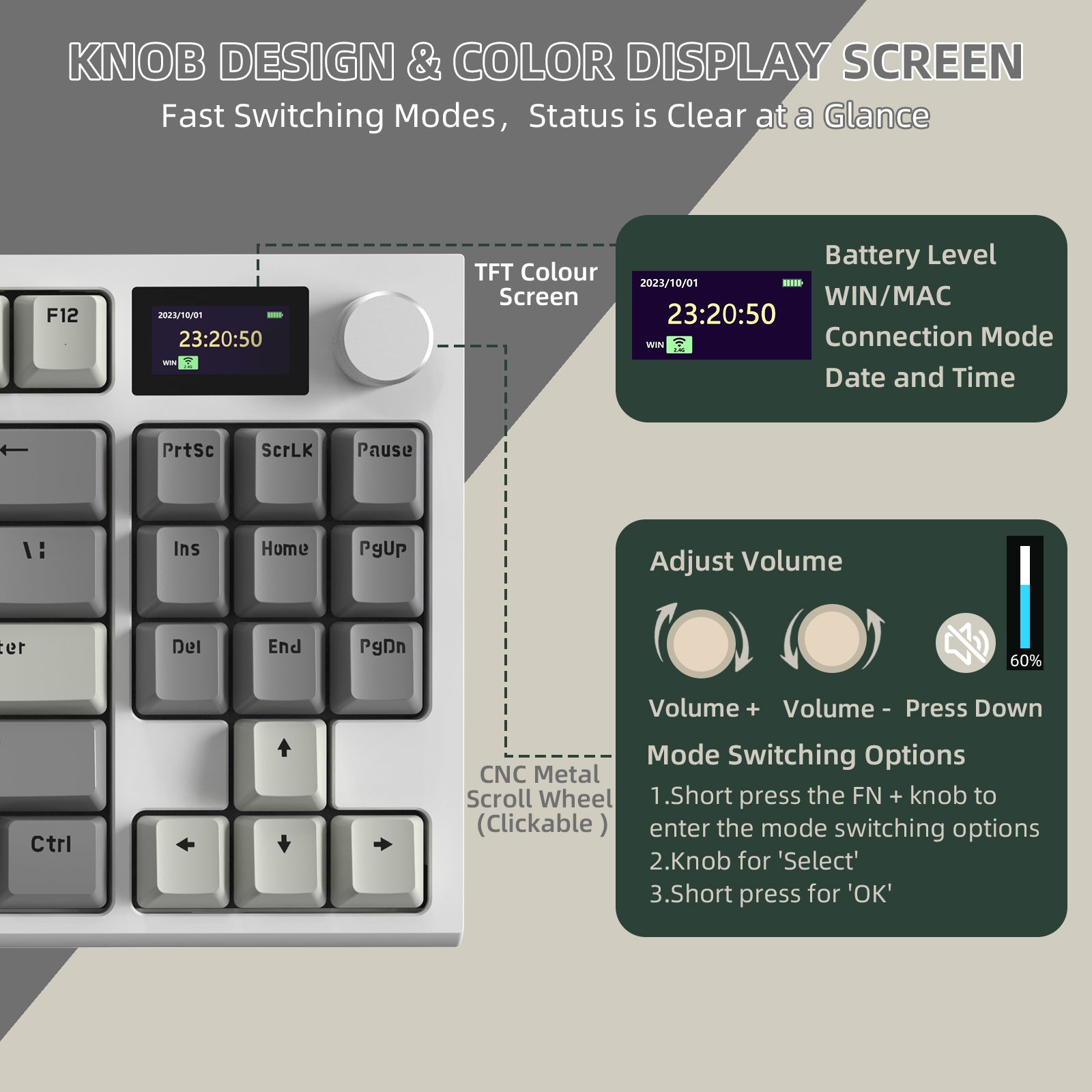 TFT color display interface showing battery level and connection modes on K86 keyboard