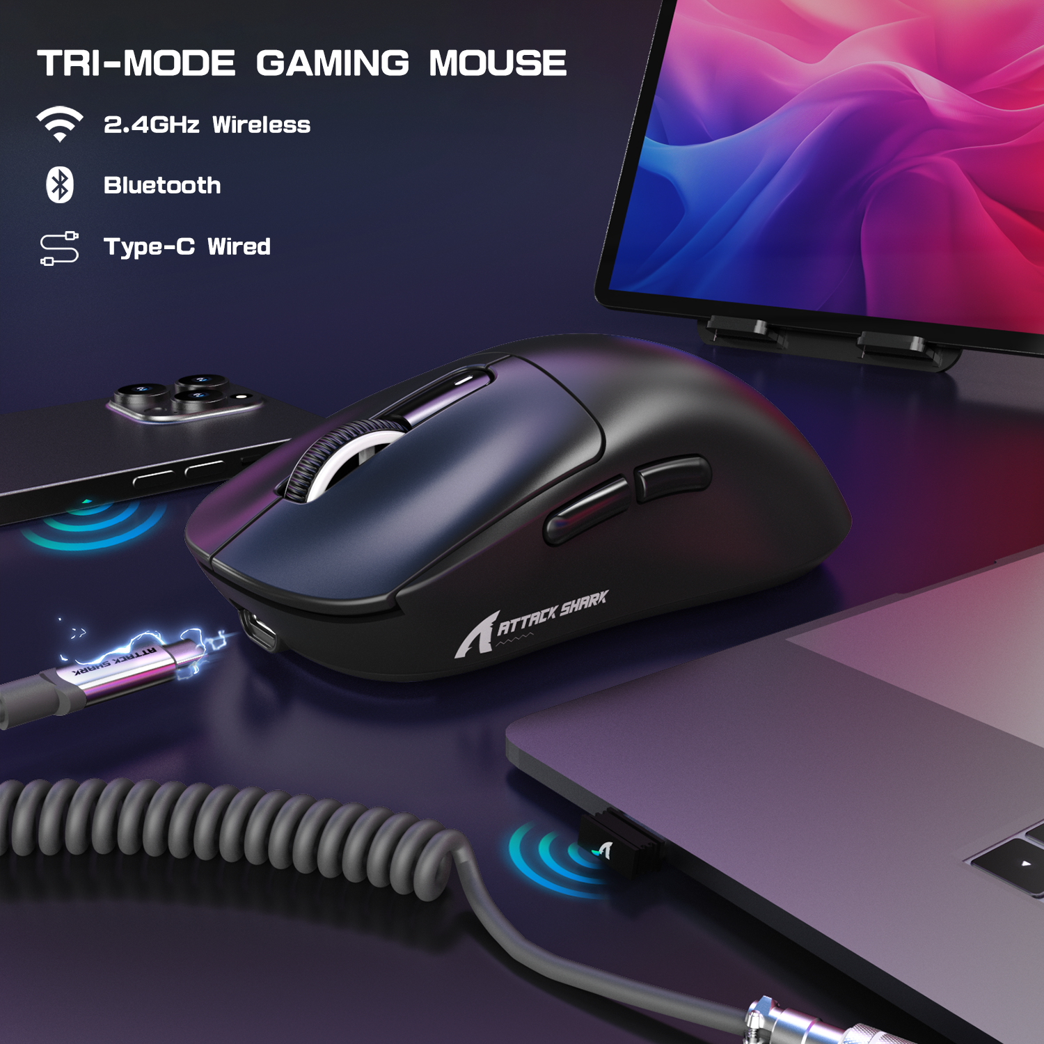 ATTACK SHARK X3MAX PAW3950 Wireless Gaming Mouse with C06 Mouse Coiled Cable