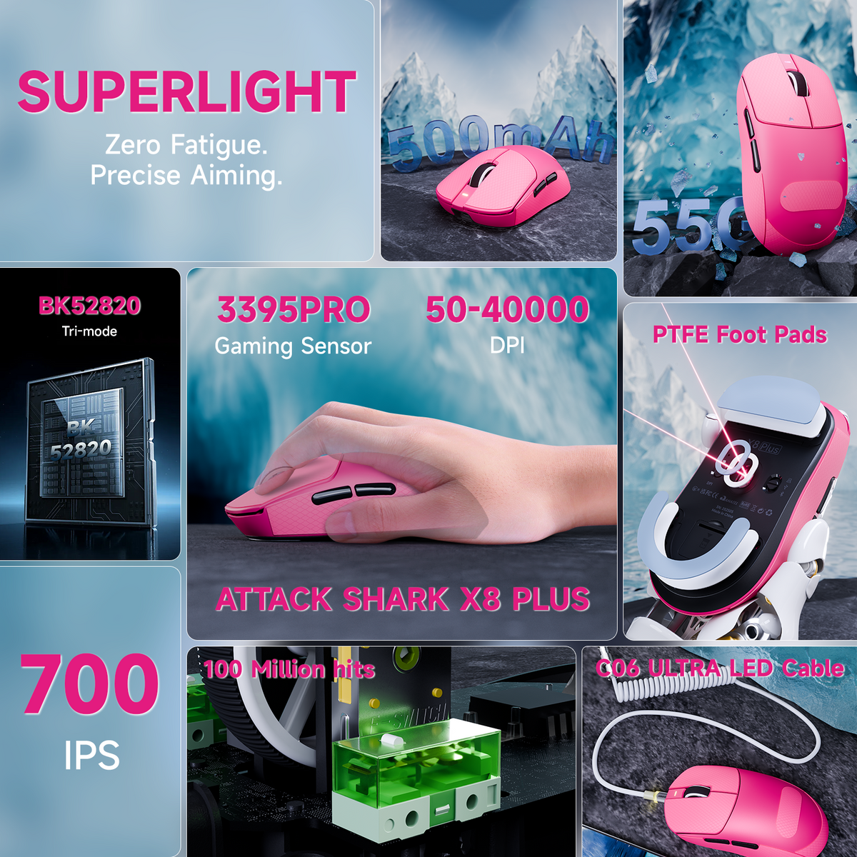 ATTACK SHARK X8 PLUS Tri-mode Wireless Gaming Mouse With C06 ULTRA Cable