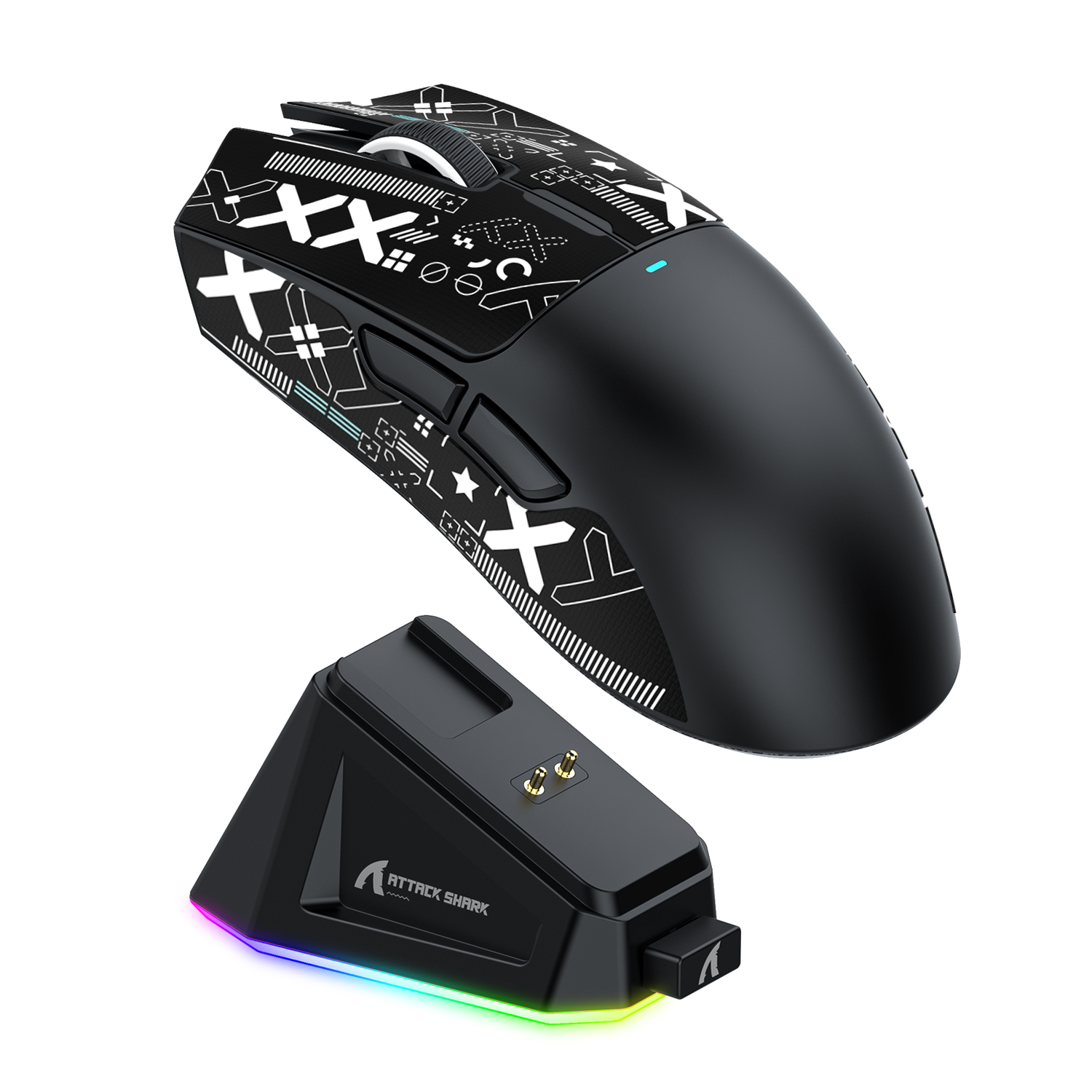 Attack Shark X11 Wireless Gaming Mouse with black design and RGB charging dock