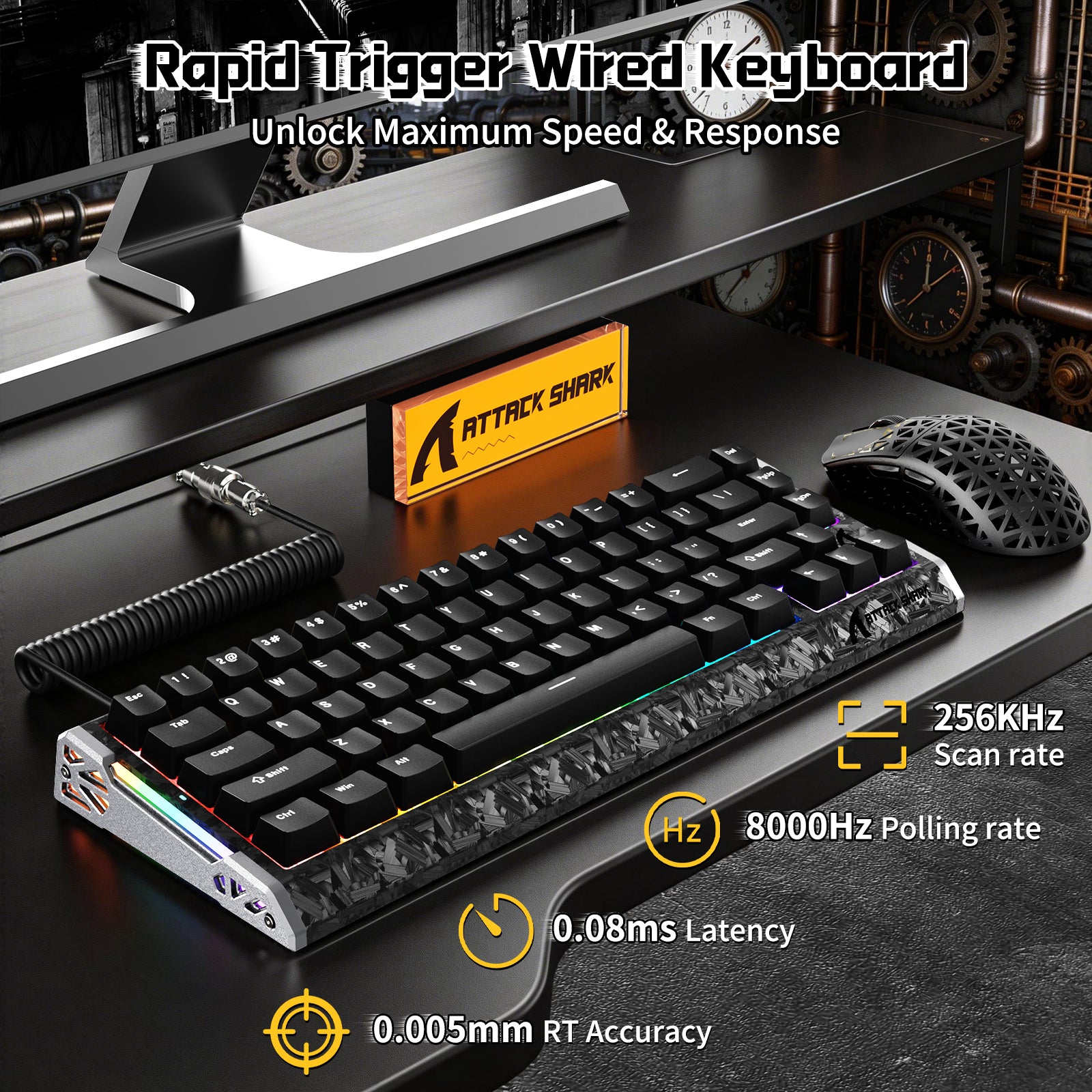 ATTACK SHARK R68 carbon fiber gaming keyboard with 8000Hz polling rate and 0.08ms latency