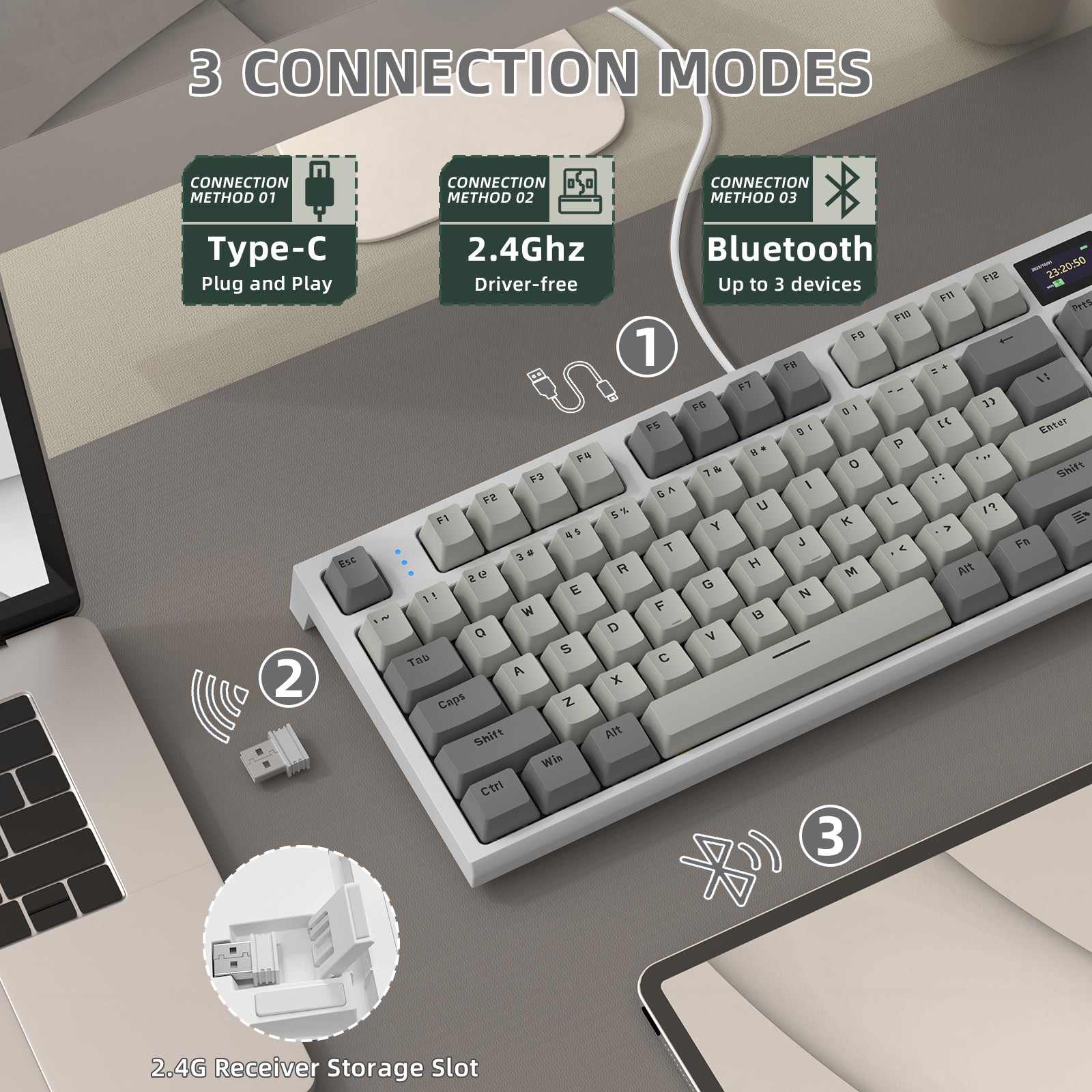 K86 mechanical keyboard showcasing Type-C, 2.4GHz, and Bluetooth connection options