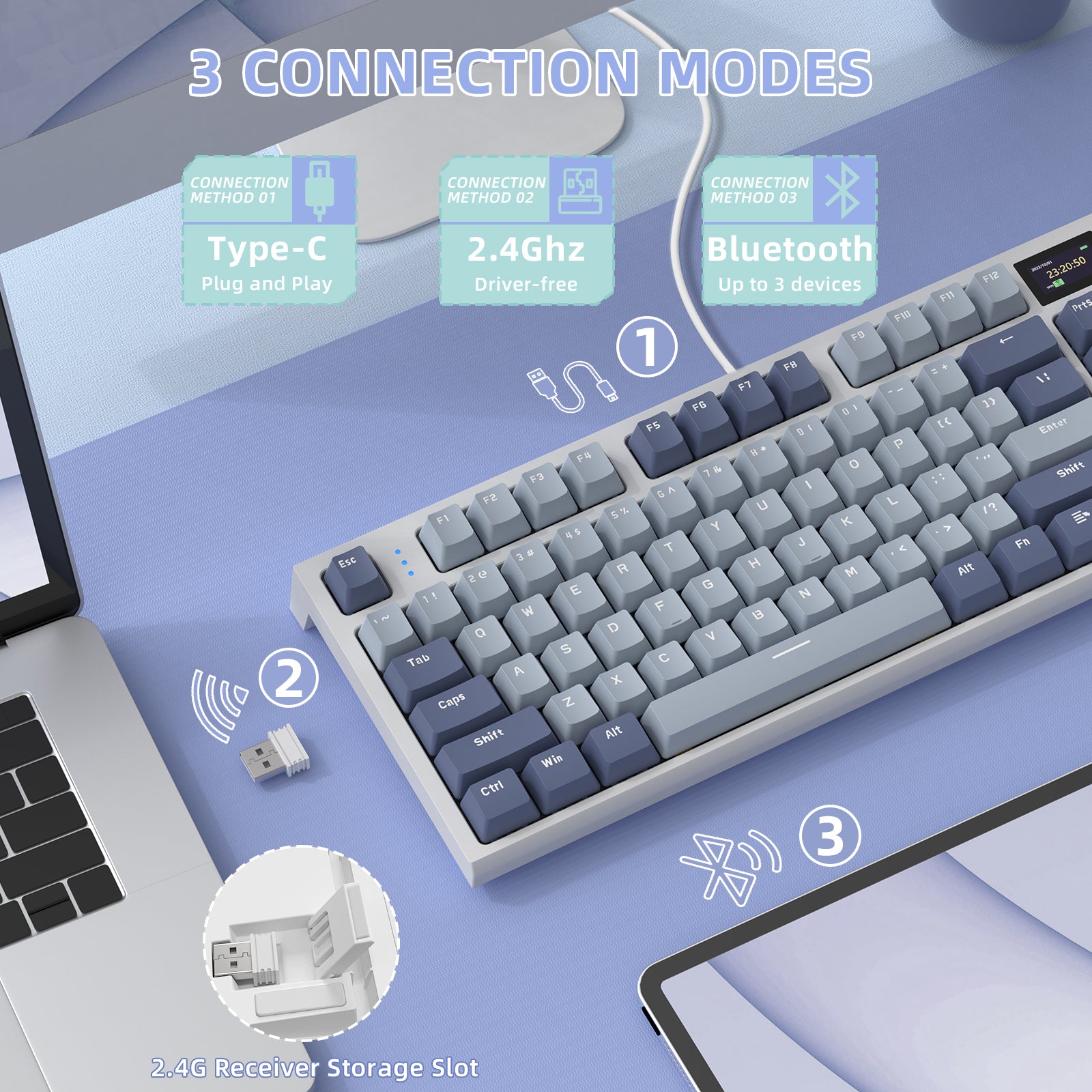 K86 wireless mechanical keyboard showing Type-C, USB receiver, and Bluetooth connection options.