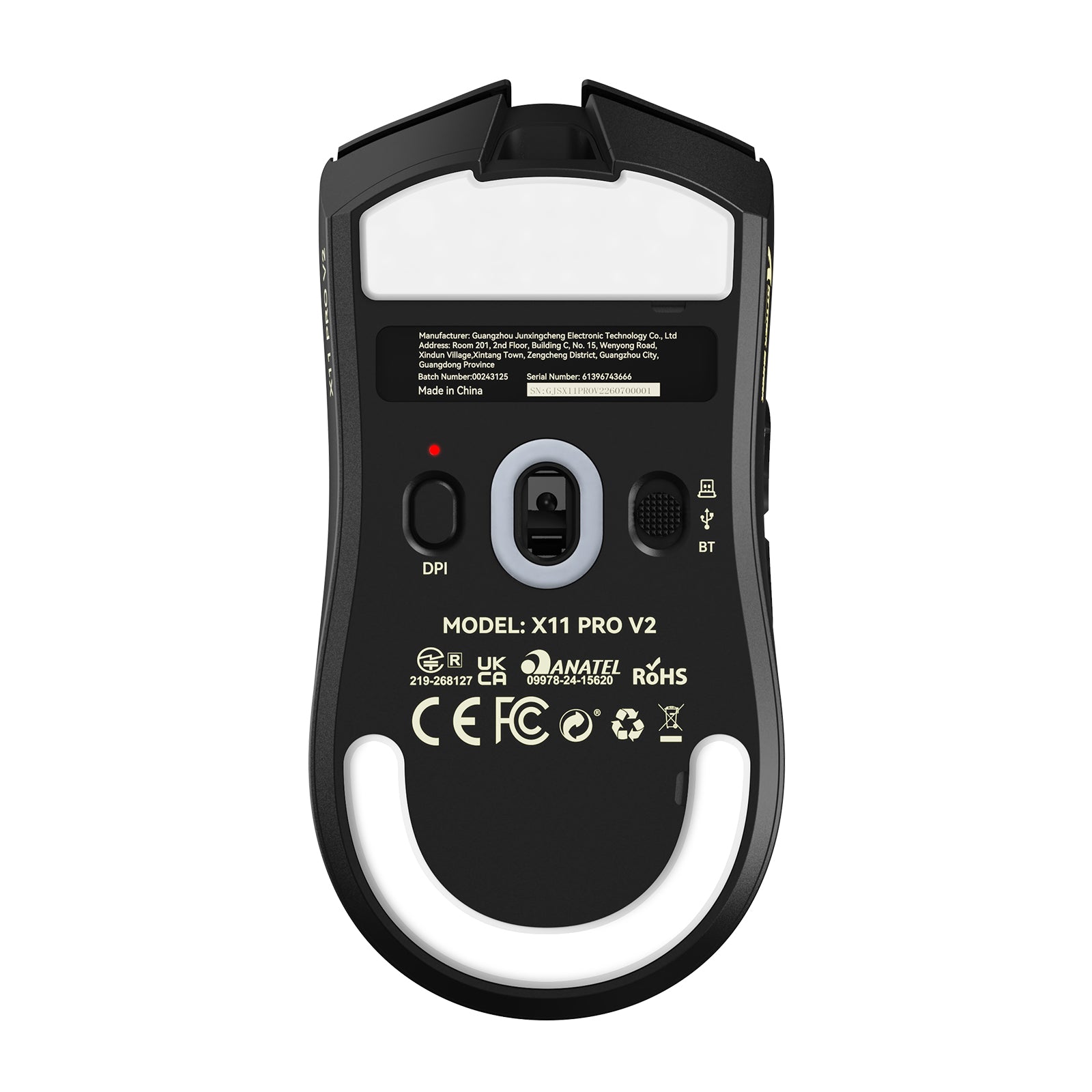 ATTACK SHARK X11 PRO V2 wireless gaming mouse underside with DPI button and BT switch