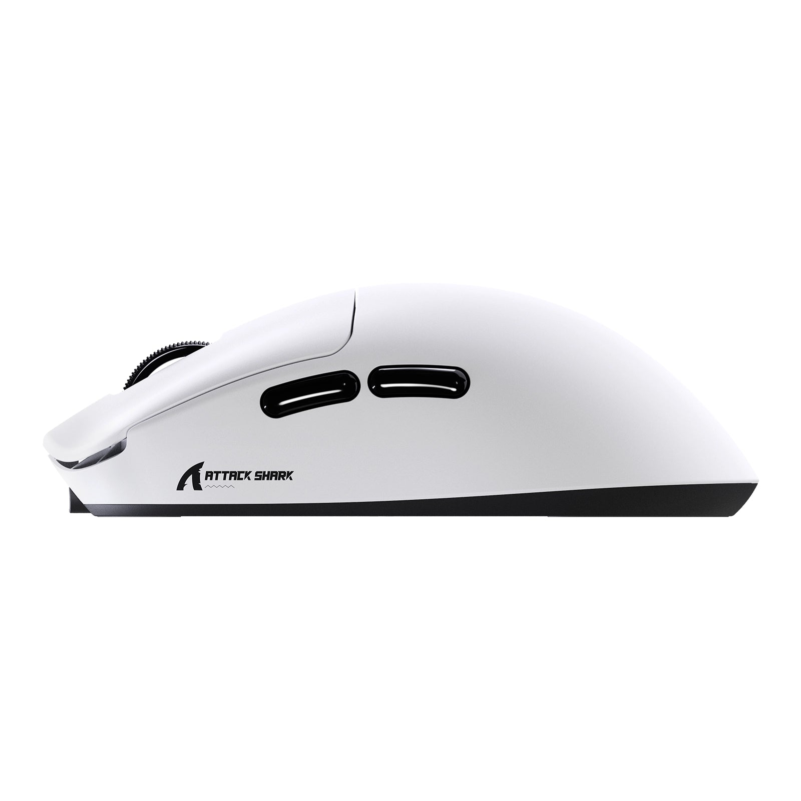 White ATTACK SHARK F1 AIR wireless gaming mouse side view with black buttons and scroll wheel