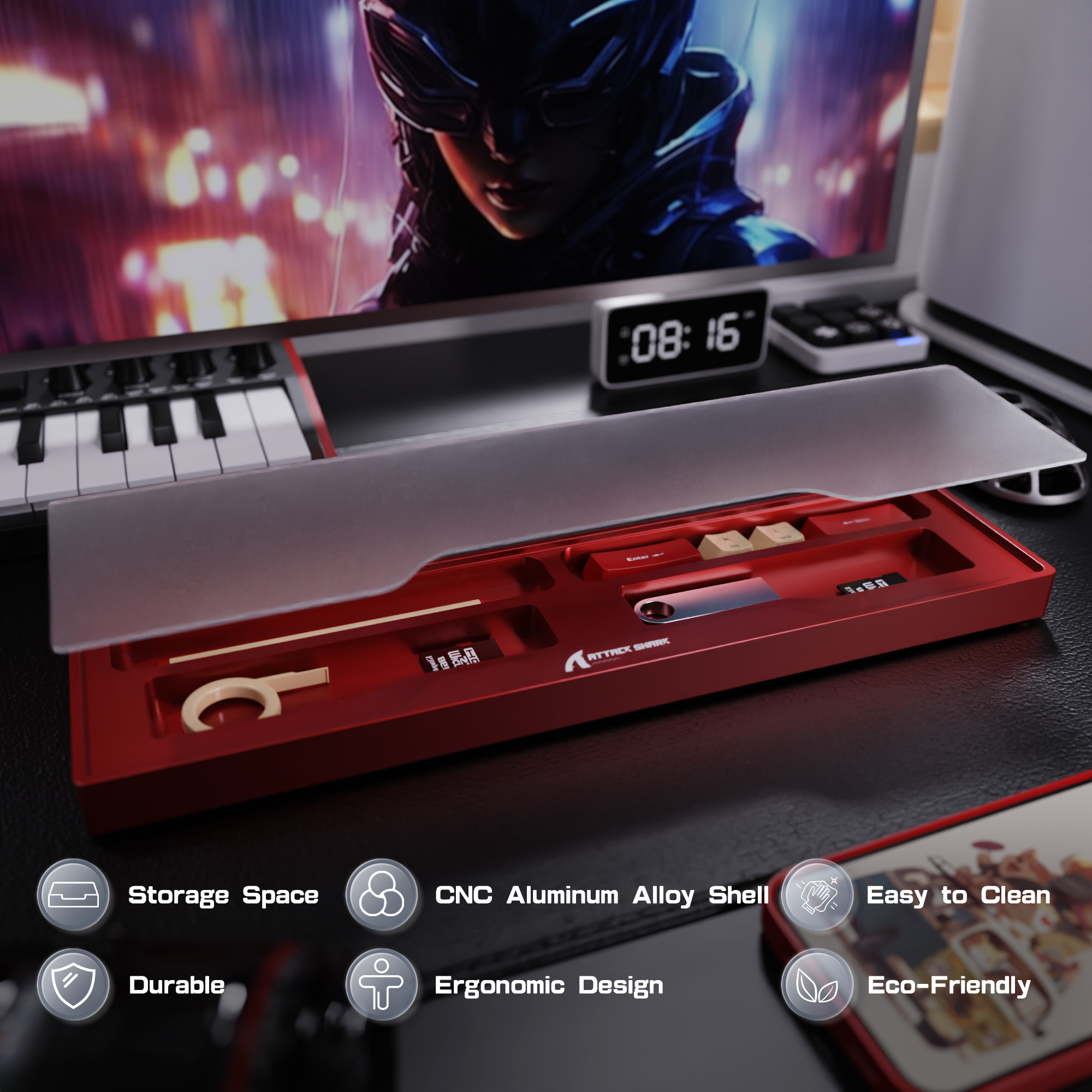 ATTACK SHARK Aluminum Alloy Wrist Rest with Partition Storage Case