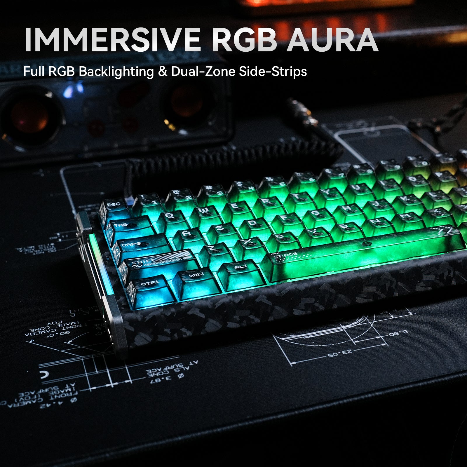ATTACK SHARK R68 HE Carbon Fiber Keyboard with Immersive RGB Aura & Dual-Zone Side Strips.