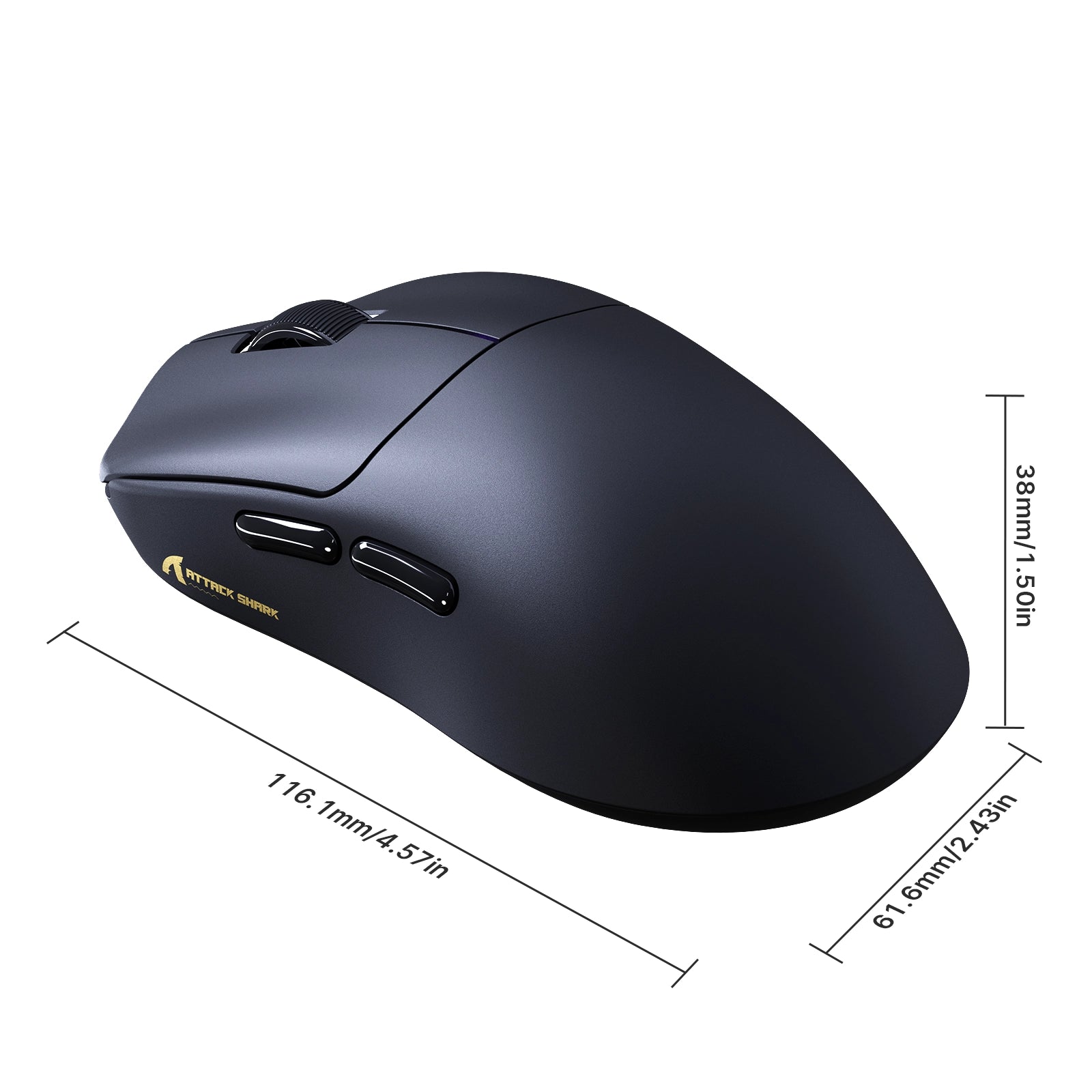 ATTACK SHARK F1 AIR black wireless gaming mouse, 116.1mm long, 38mm high