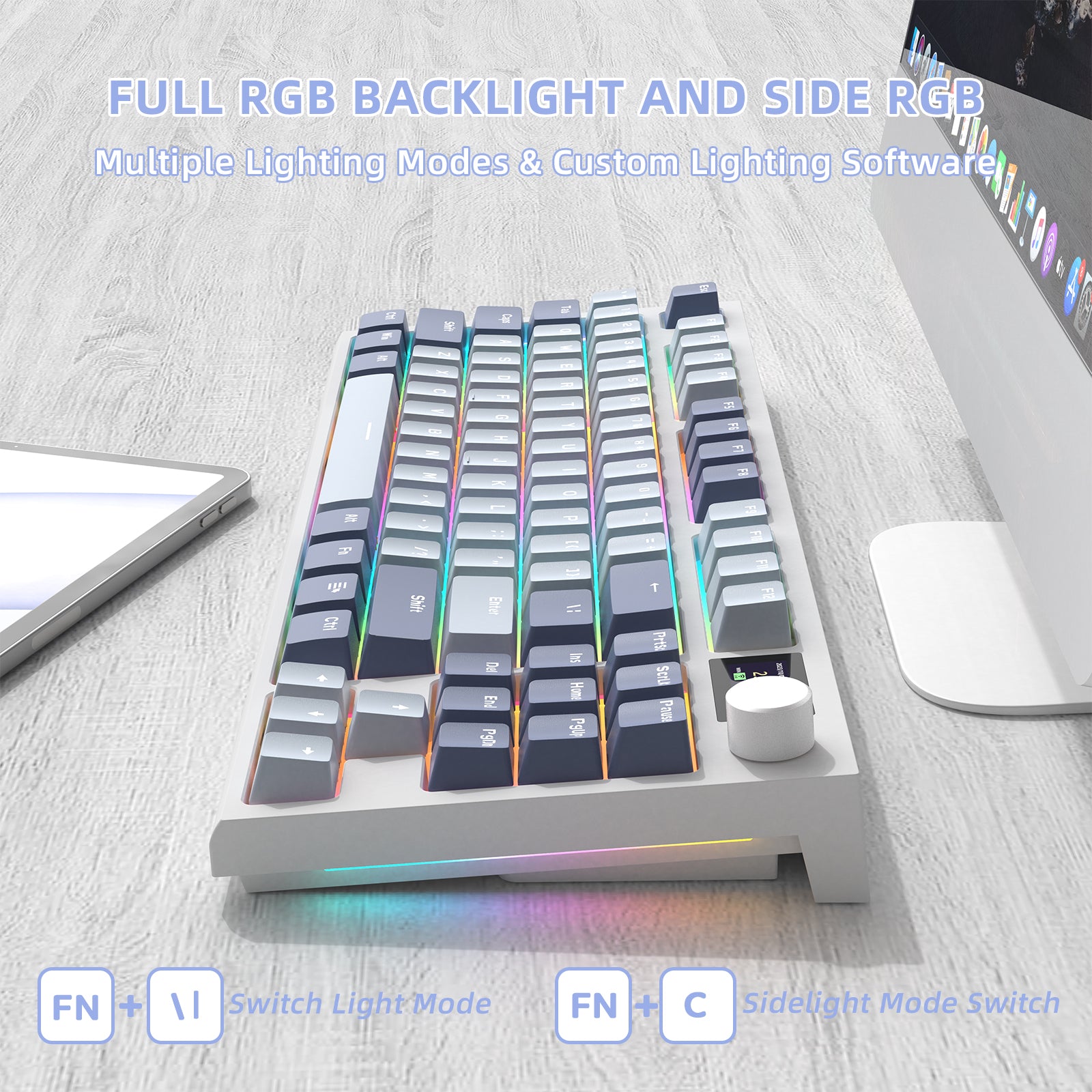 K86 wireless mechanical keyboard with full RGB backlight and side lighting options.