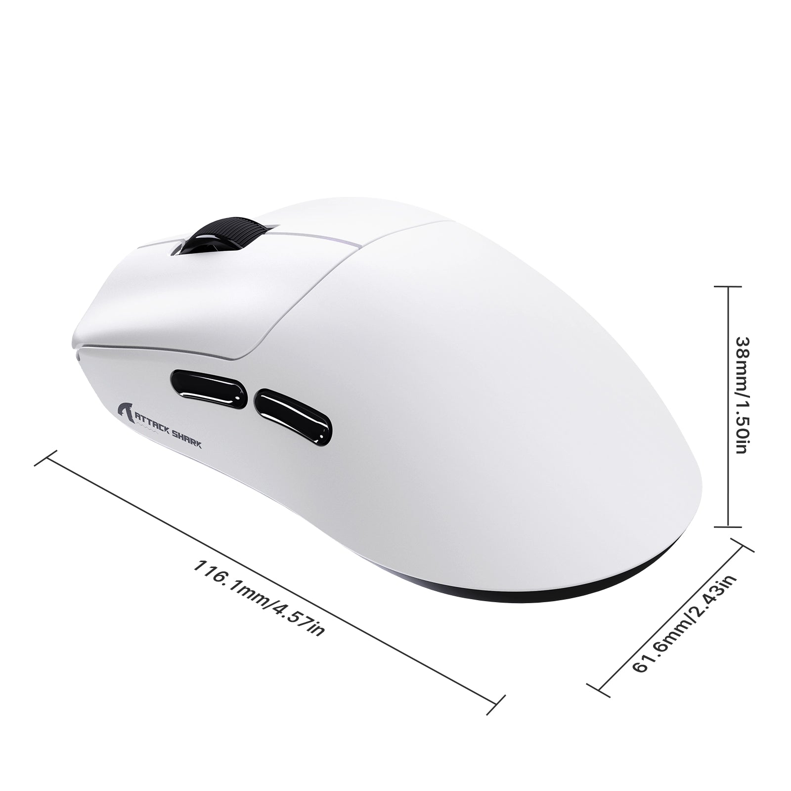 White ATTACK SHARK F1 AIR wireless gaming mouse with 116.1 x 61.6 x 38 mm dimensions