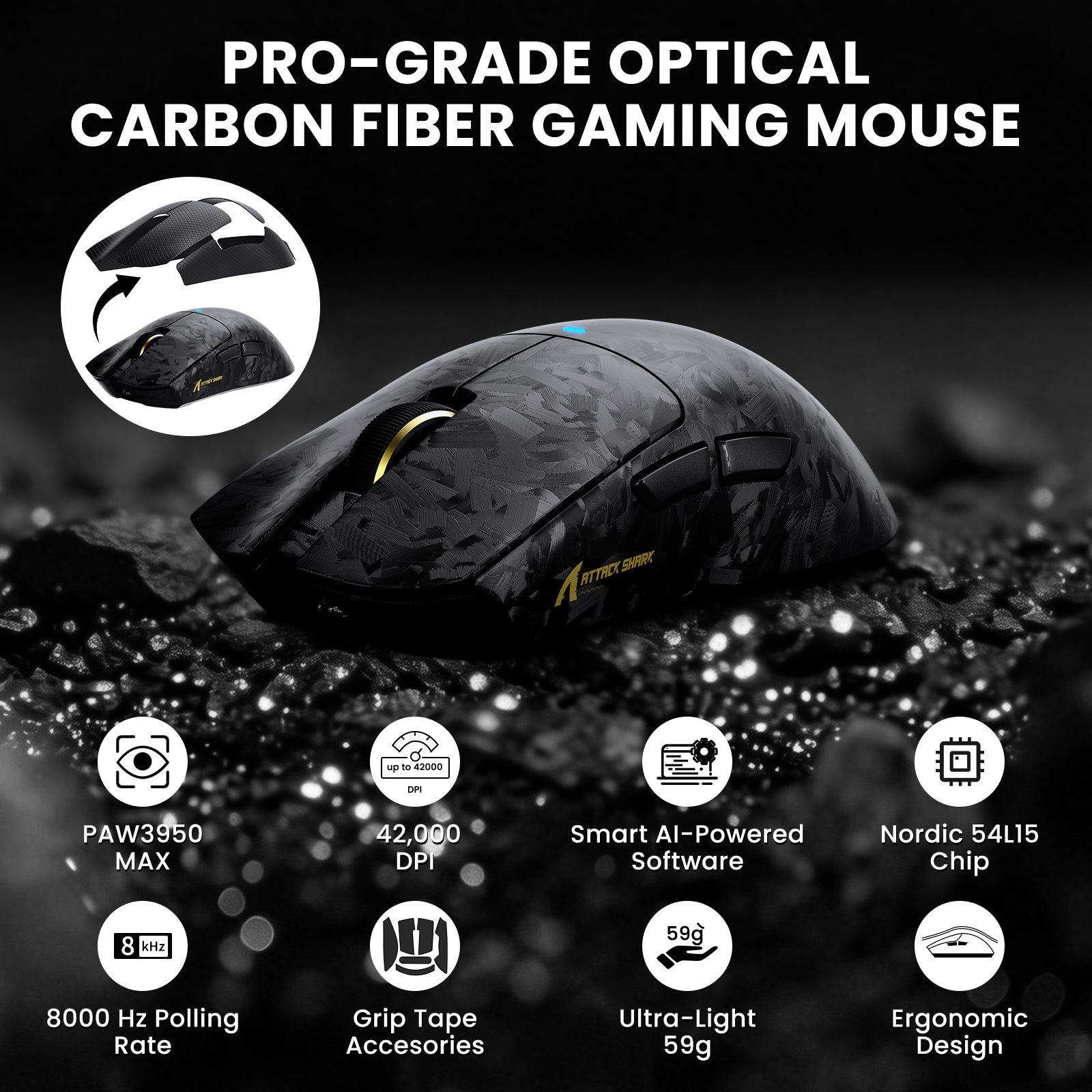 ATTACK SHARK R68 carbon fiber gaming mouse: 8000Hz, PAW3950MAX, 59g, ergonomic.