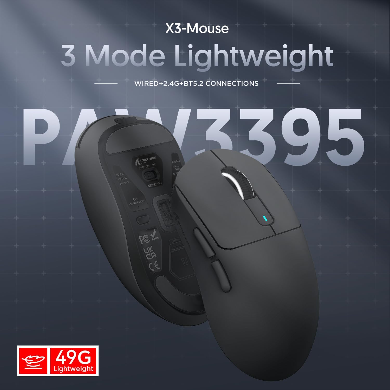 X3 lightweight gaming mouse with 3 mode connections, 49g weight, and PAW3395 sensor.