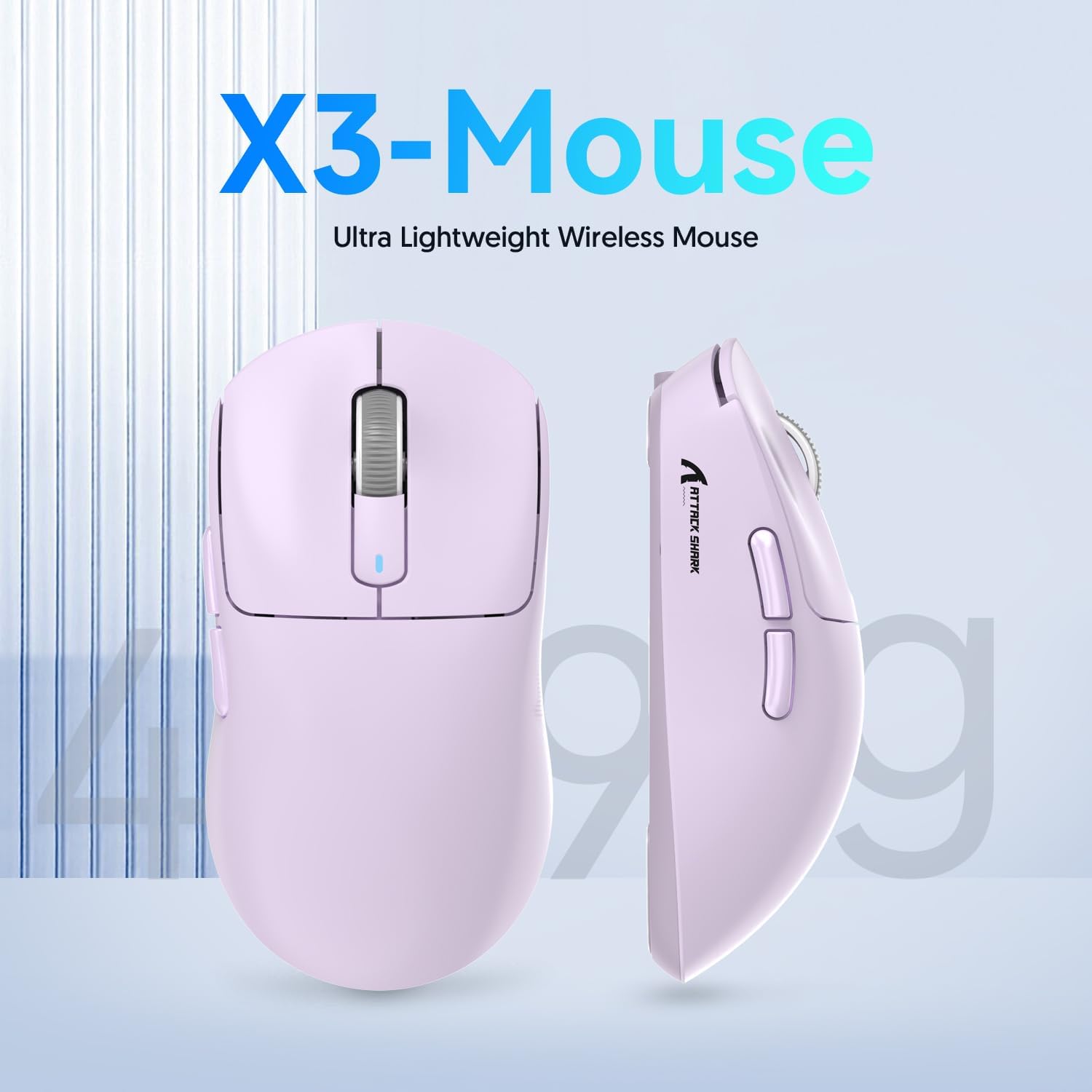 X3 ultra-lightweight wireless gaming mouse in lavender design, 49g weight.