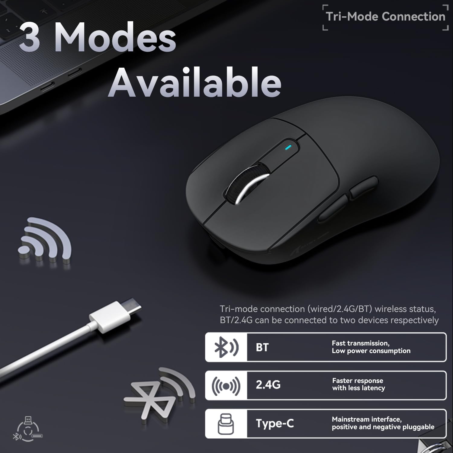 Tri-mode connection options for Attack Shark X3 mouse: Bluetooth, 2.4GHz, and wired USB-C.