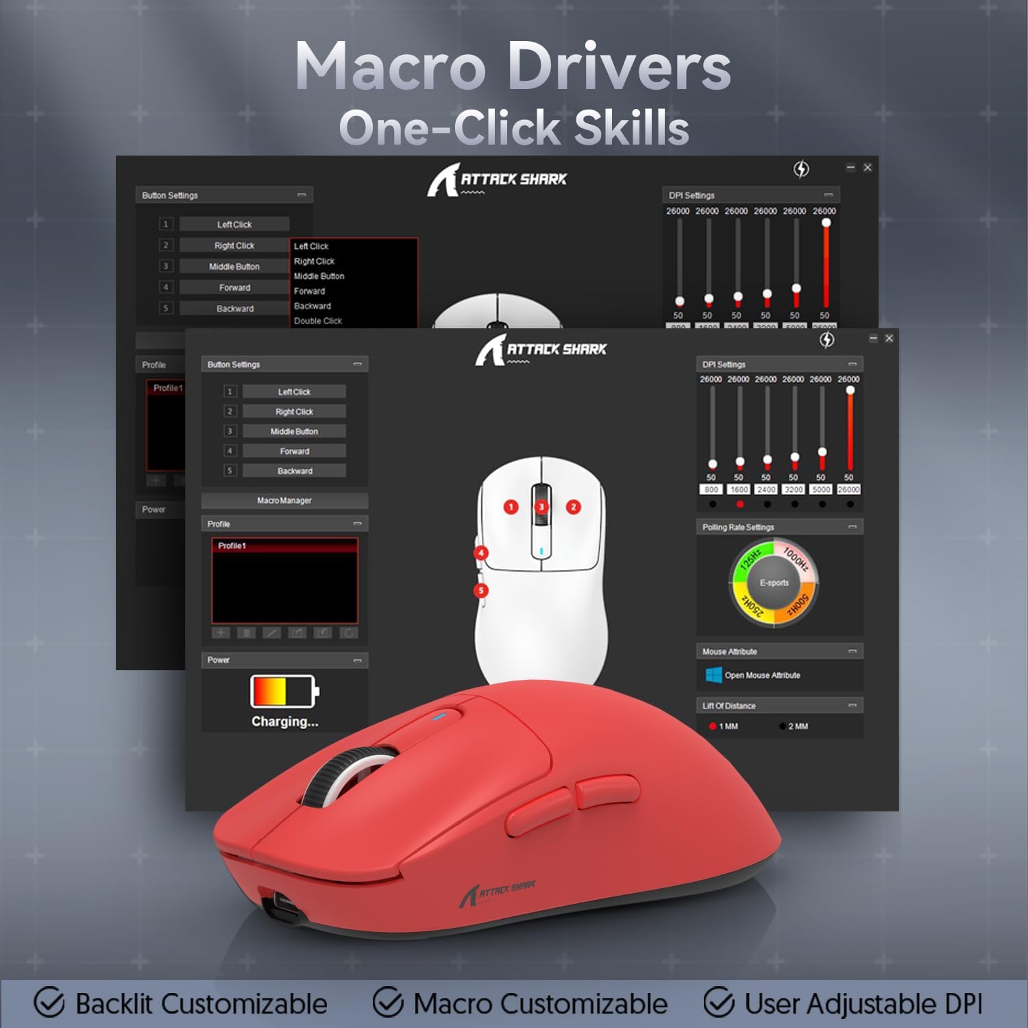 Attack Shark X3 mouse macro driver interface showing customization options and adjustable DPI.