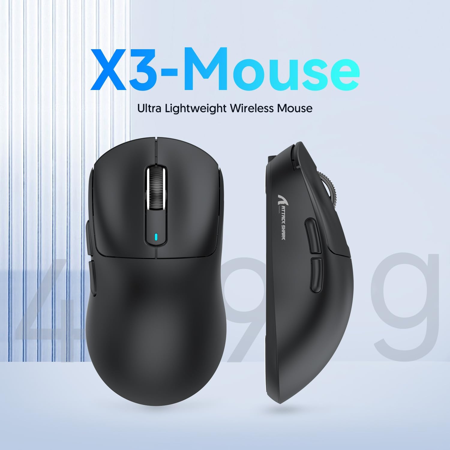 Attack Shark X3 ultra-lightweight wireless gaming mouse in black with 49g weight.