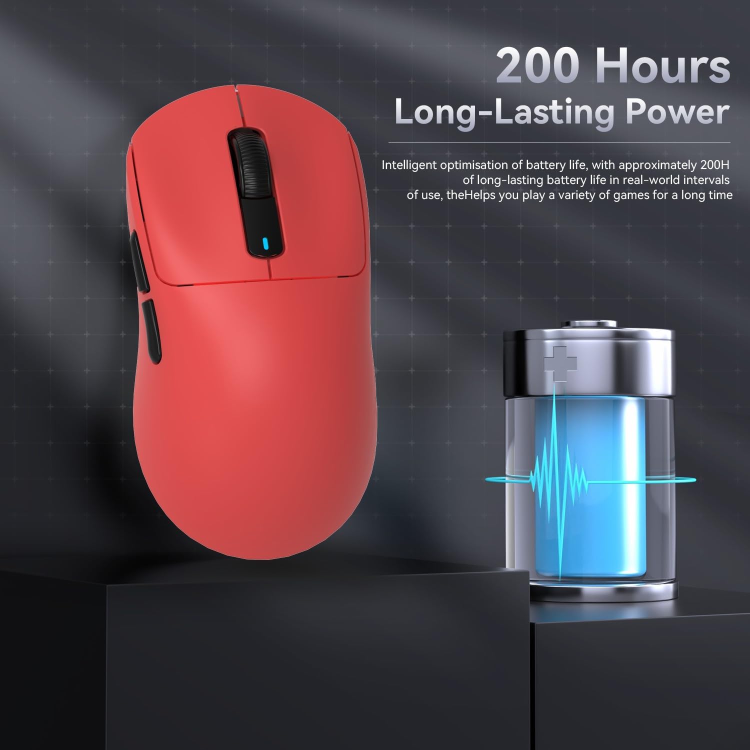 Red Attack Shark X3 wireless gaming mouse highlighting 200 hours battery life.