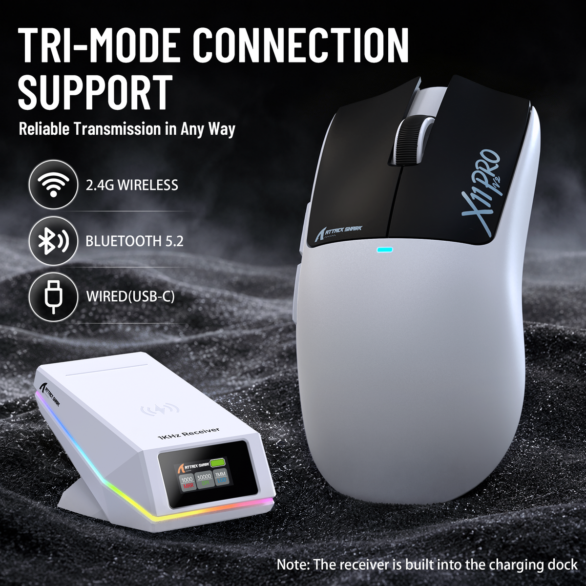 ATTACK SHARK X11 PRO V2 Wireless Gaming Mouse with TFT Display Charging Dock with C06 Coiled Cable