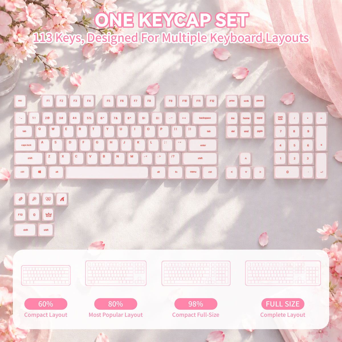 ATTACK SHARK SK01 113 Keys Silicone Keycap Set, Cherry Profile, ANSI, Pink