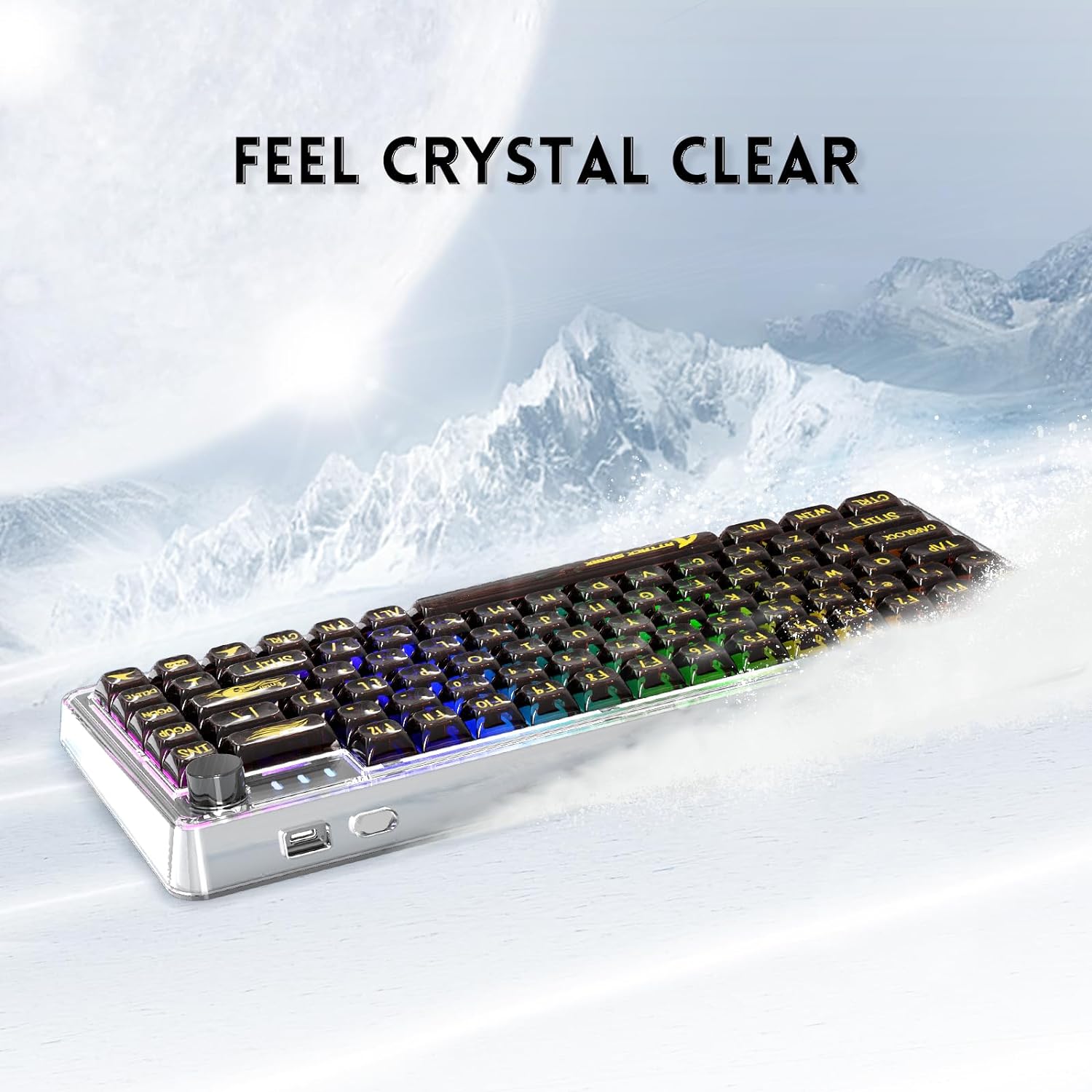 Attack Shark K75 keyboard with transparent keycaps and RGB lighting on icy backdrop