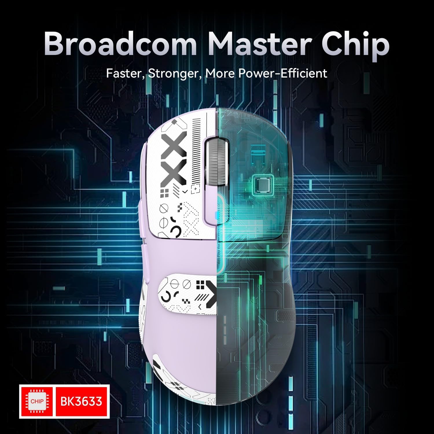 Attack Shark X3 gaming mouse showcasing Broadcom BK3633 chip for power efficiency.