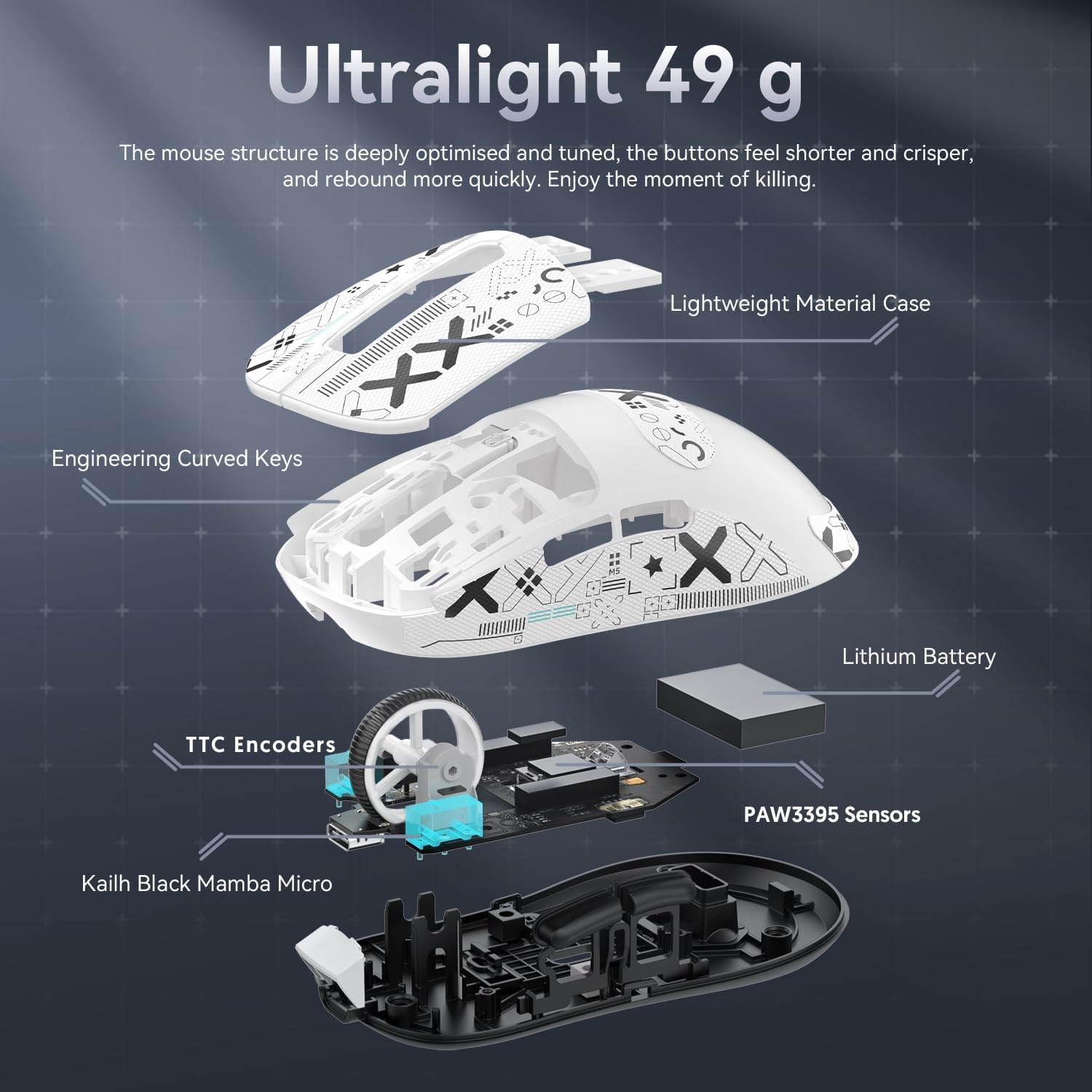 Attack Shark X3 ultra-lightweight wireless gaming mouse components: 49g case, lithium battery, sensors.