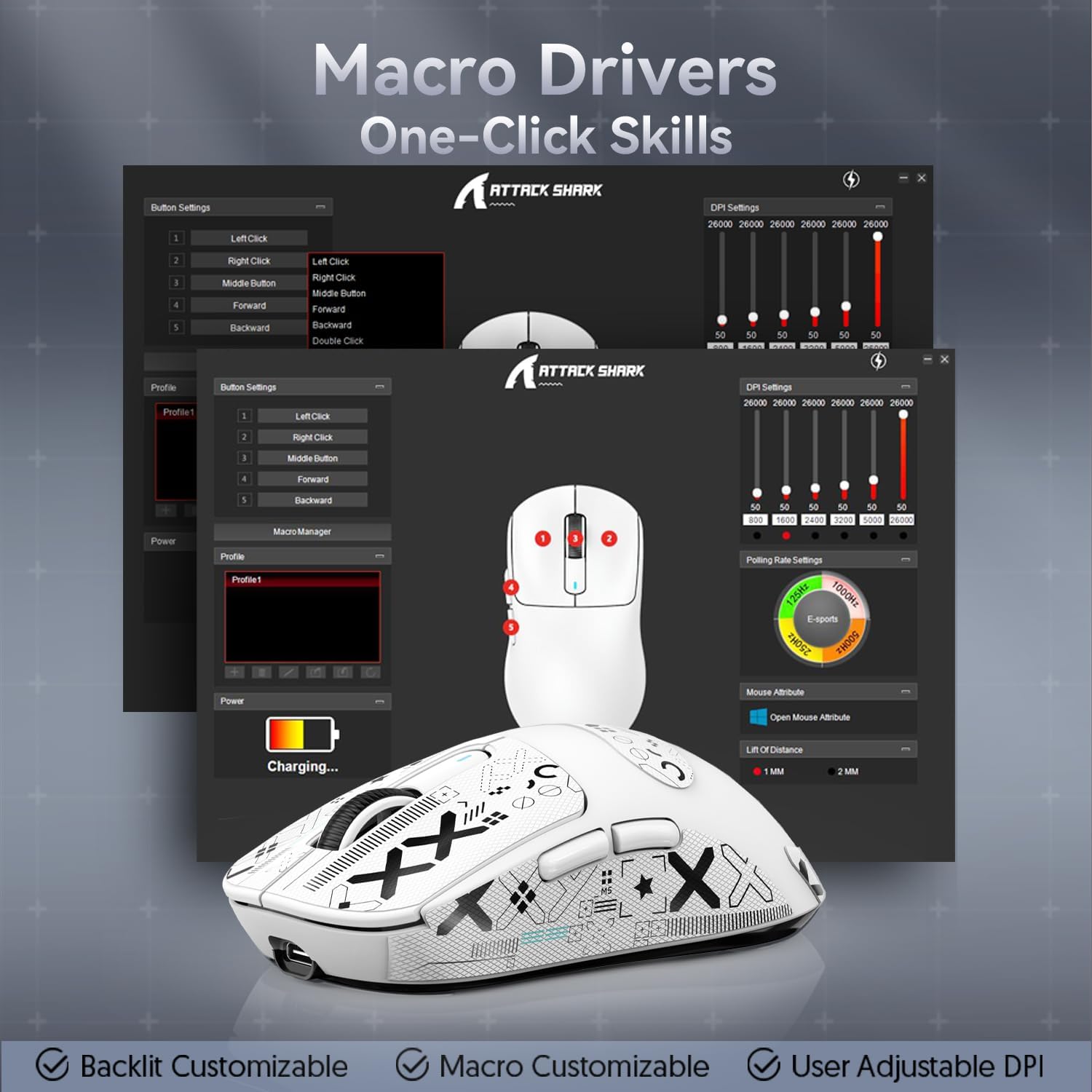 X3 Wireless Gaming Mouse showcasing macro driver software for customizable settings.