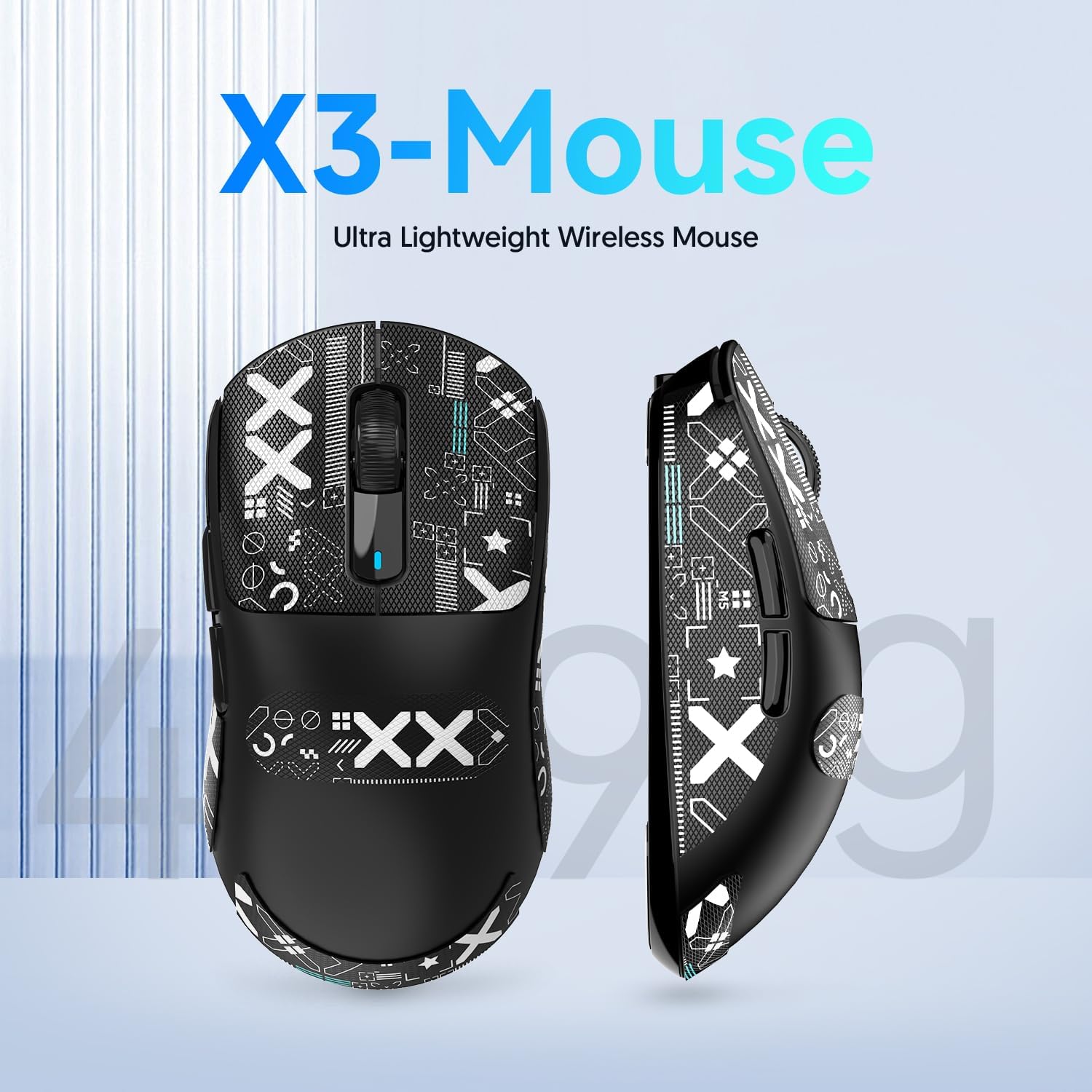 Attack Shark X3 ultra-lightweight gaming mouse design in black with graphic pattern.