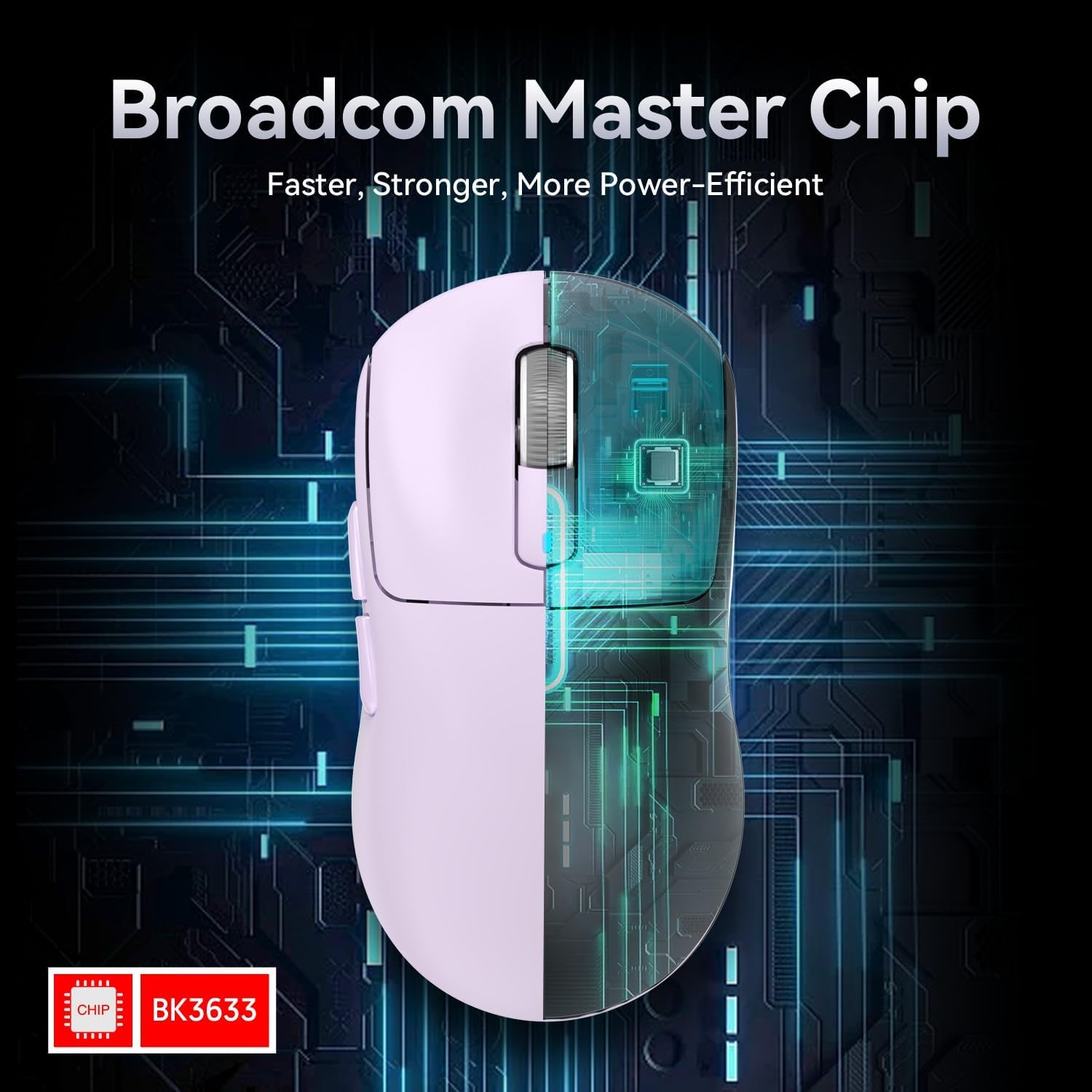 Broadcom BK3633 chip in X3 mouse highlighting power efficiency and performance features.