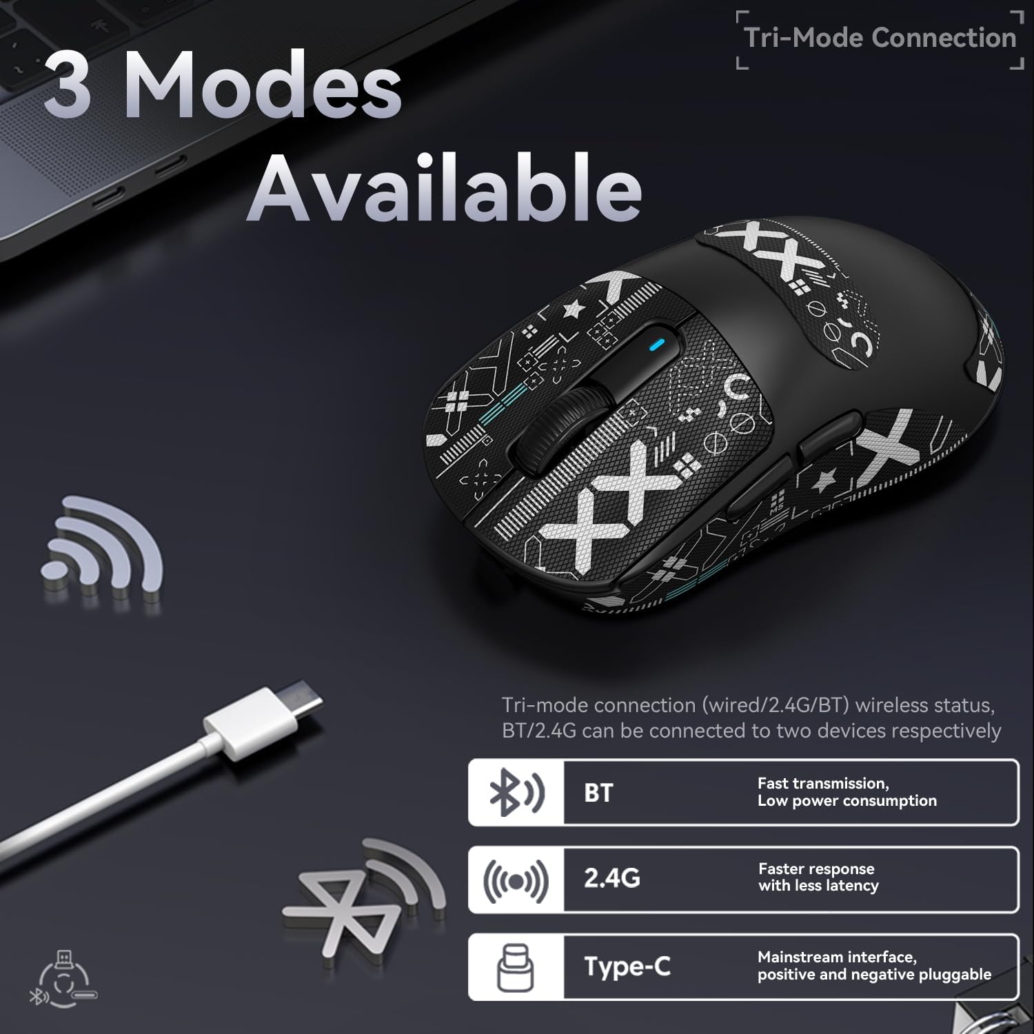 Attack Shark X3 gaming mouse tri-mode connection options: Bluetooth, 2.4GHz, USB-C.