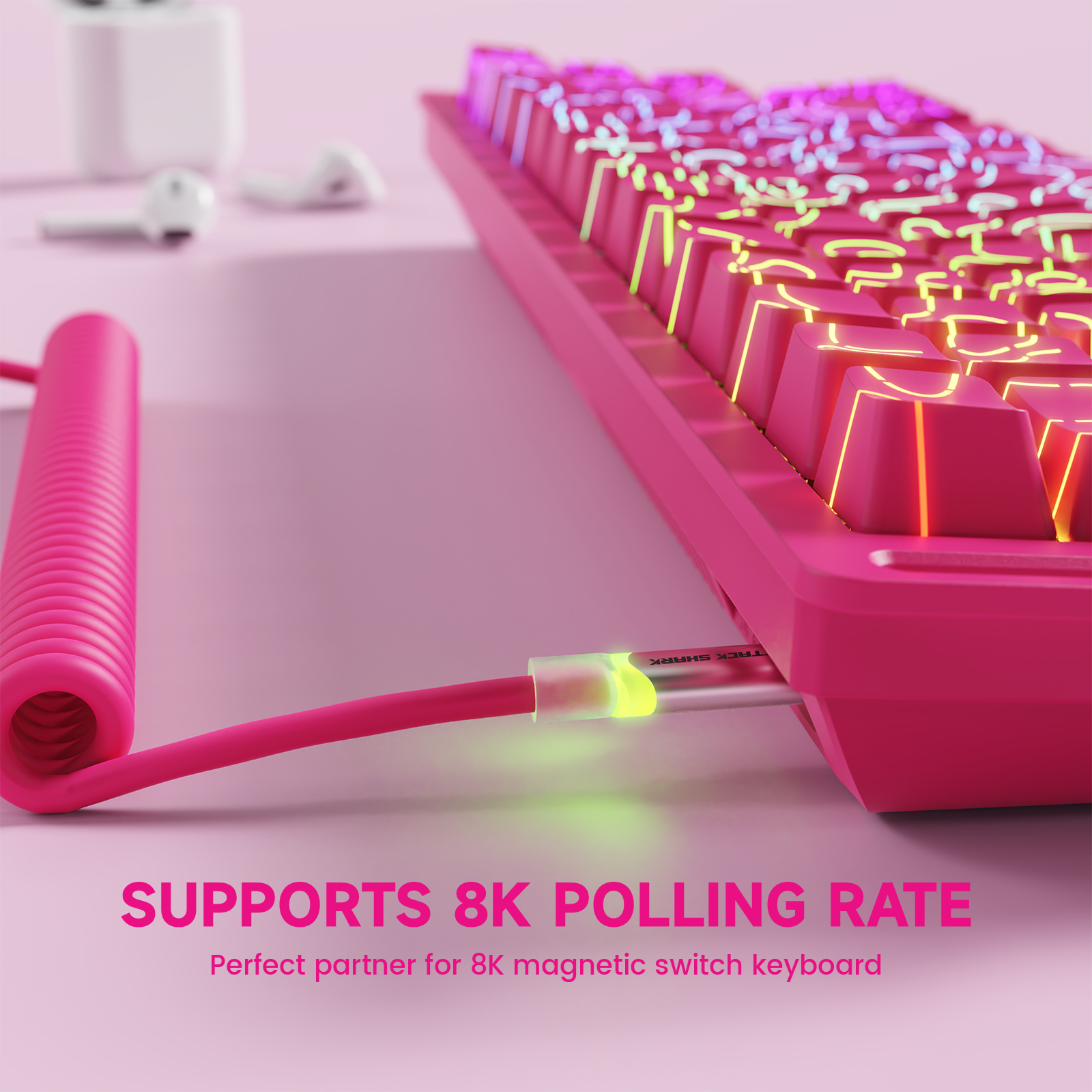 ATTACK SHARK C01 pink coiled aviator cable with 8K polling rate, supports 8K mechanical keyboard.