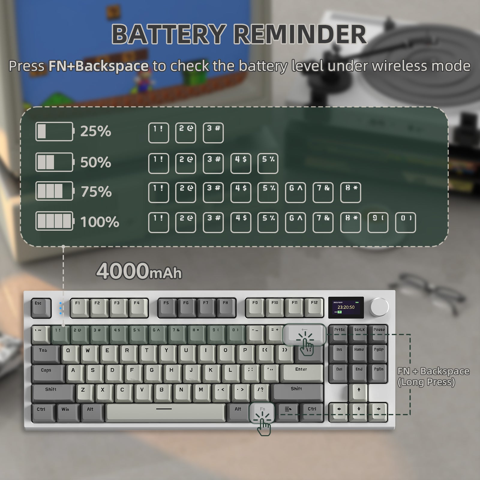 Battery level reminder for Attack Shark K86 keyboard showing usage guide and 4000mAh capacity