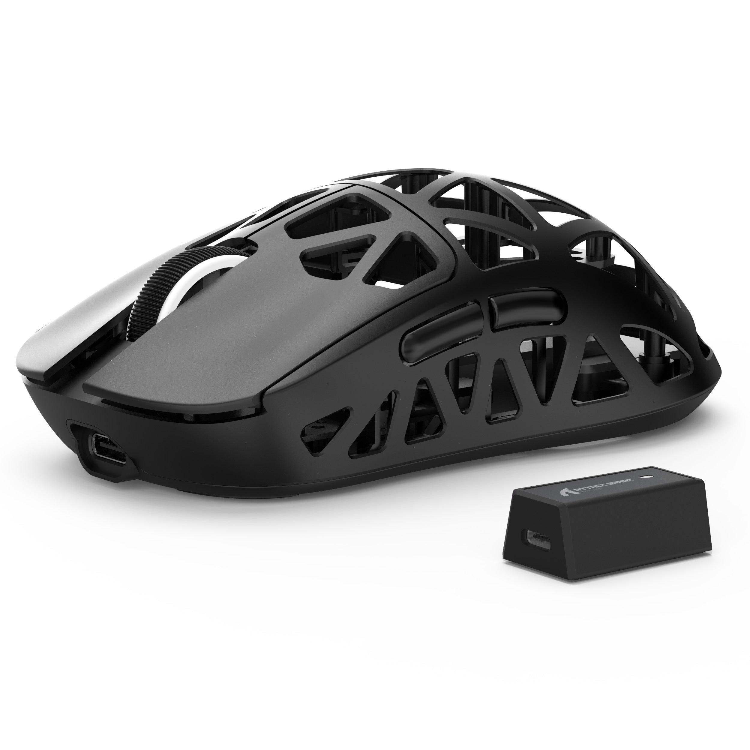 Black ATTACK SHARK R2 gaming mouse with hollow design and USB-C charging dock.