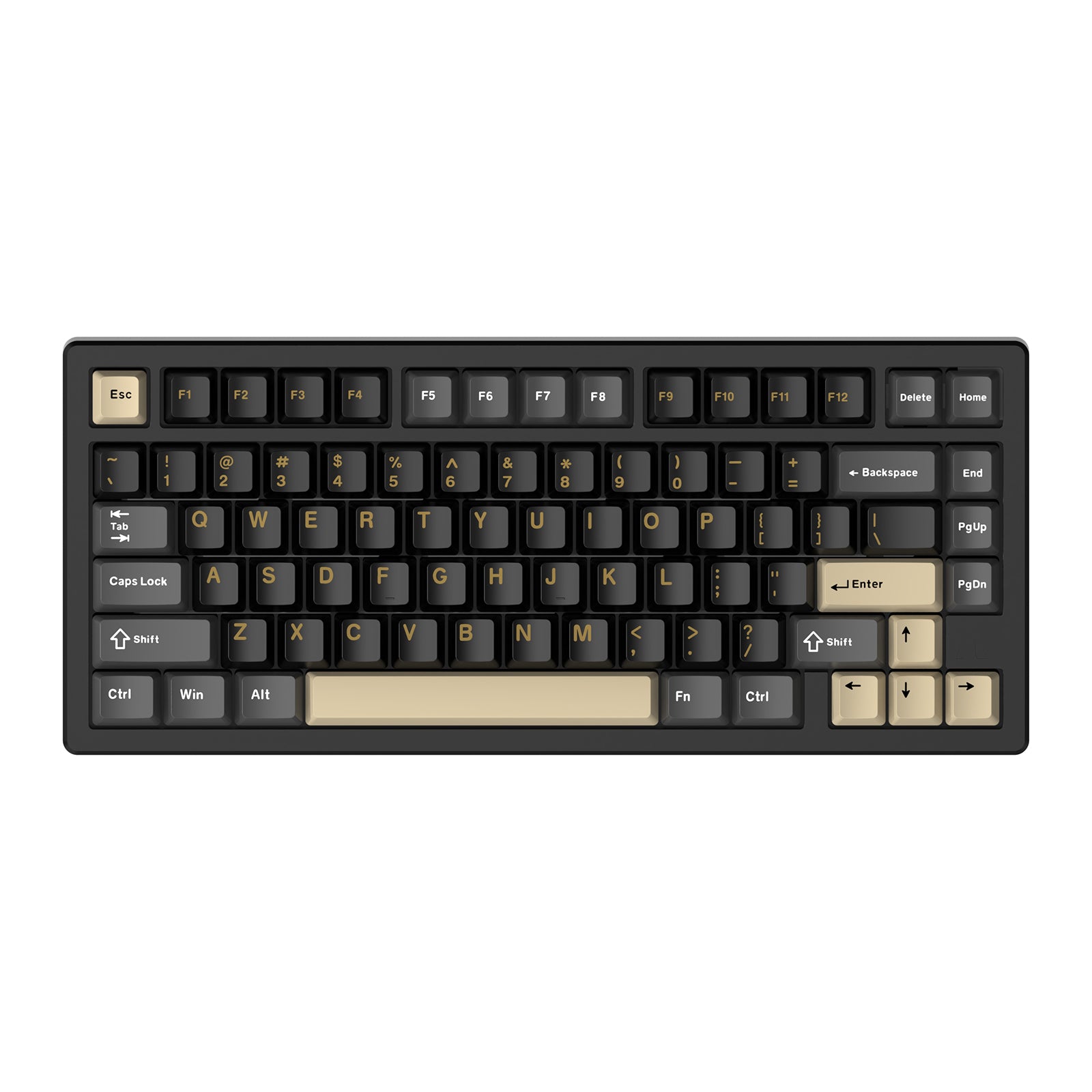 ATTACK SHARK X75 keyboard top view with sleek black and gold keycaps in 75% layout.