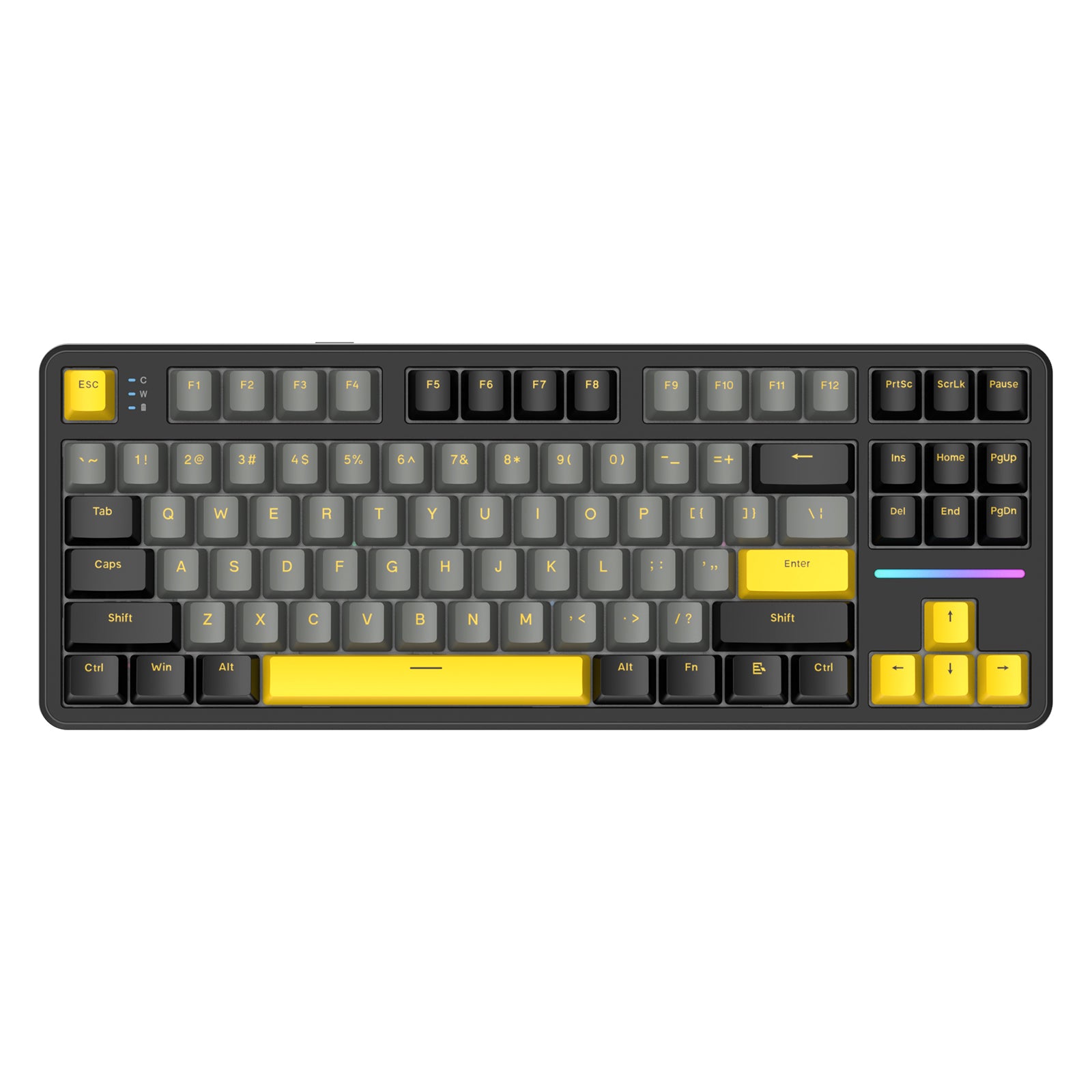 Attack Shark X87 Keyboard in black and yellow with illuminated keys.