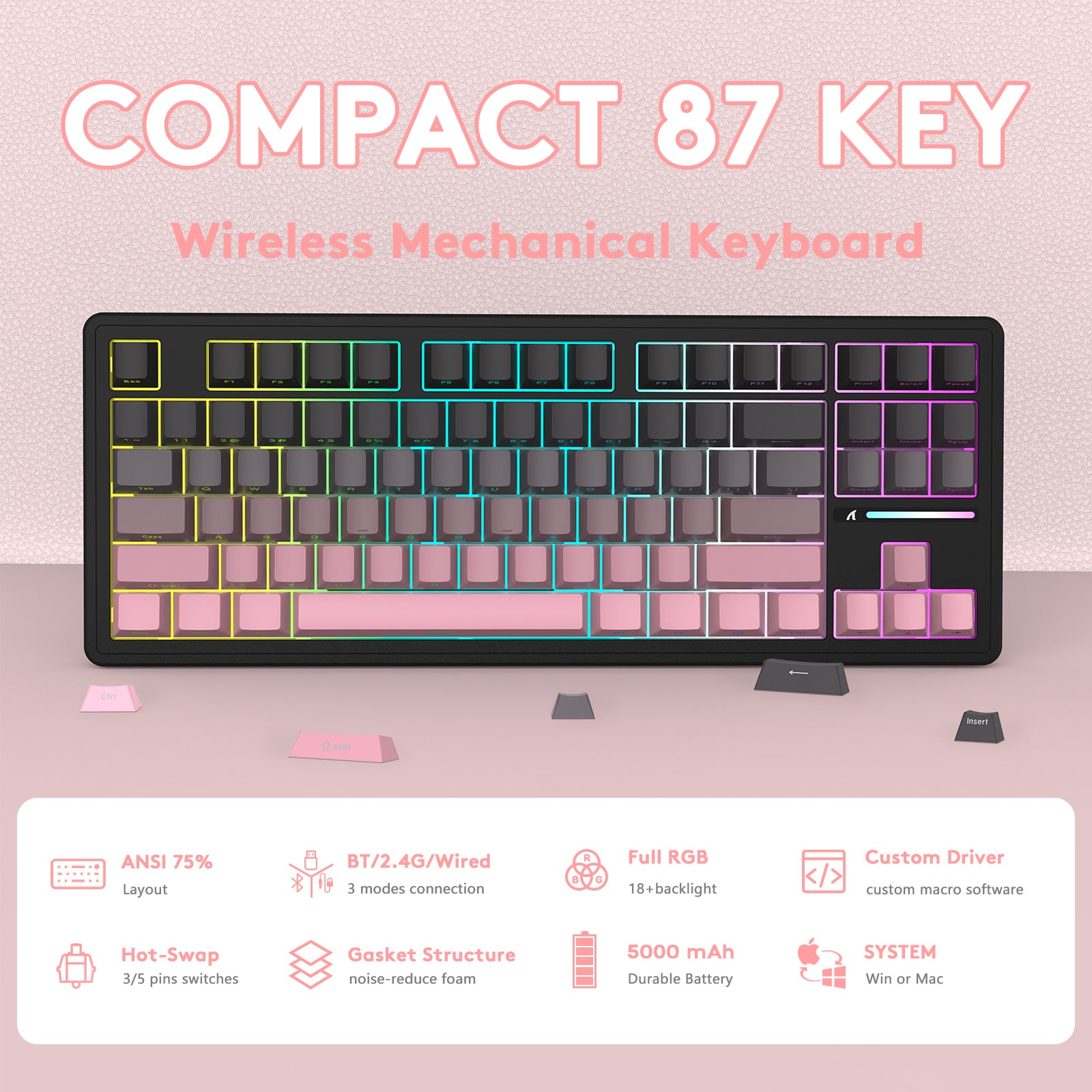 ATTACK SHARK M87PRO Wireless Mechanical Keyboard with Side Printed PBT Keycaps