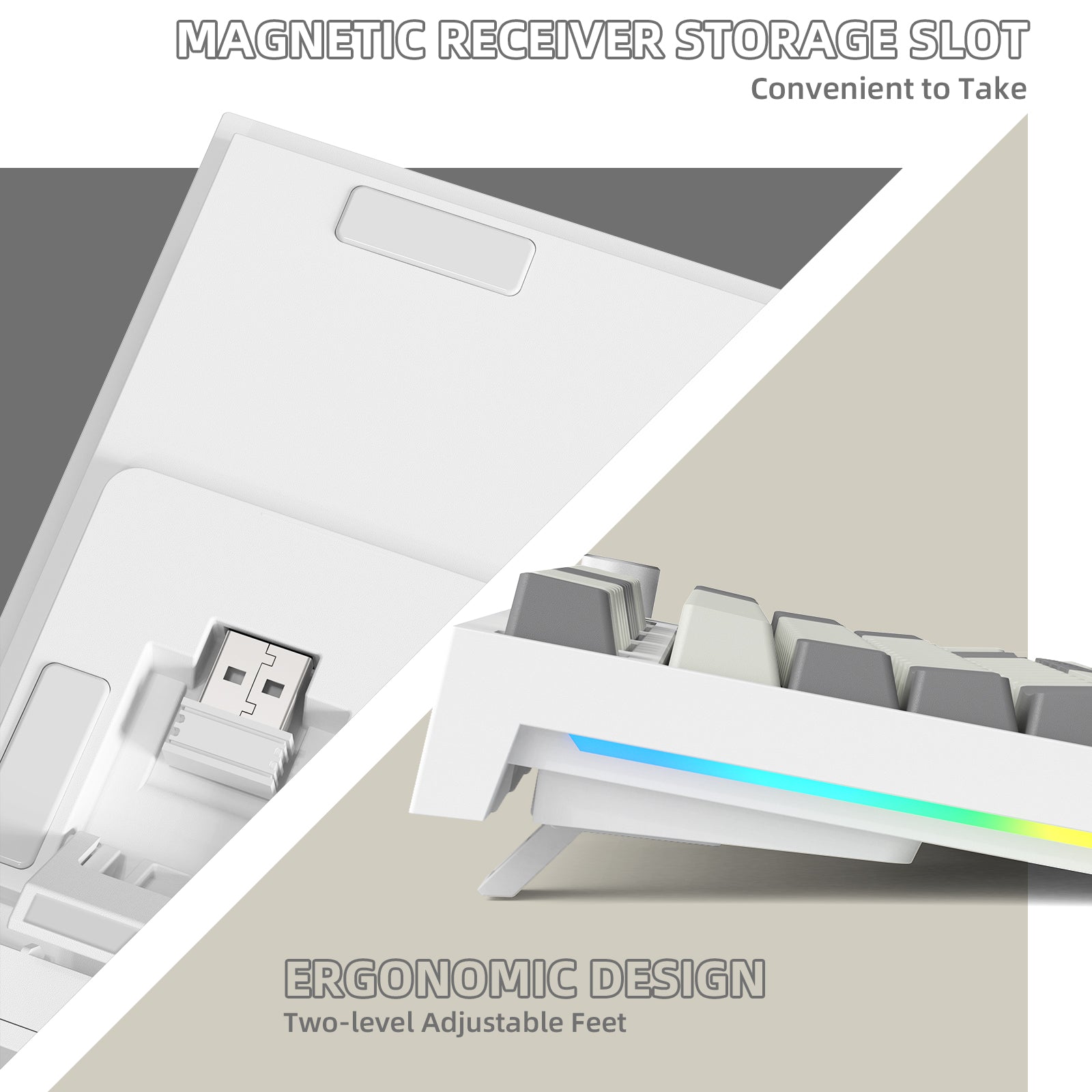 K86 wireless mechanical keyboard showing magnetic receiver slot and ergonomic design