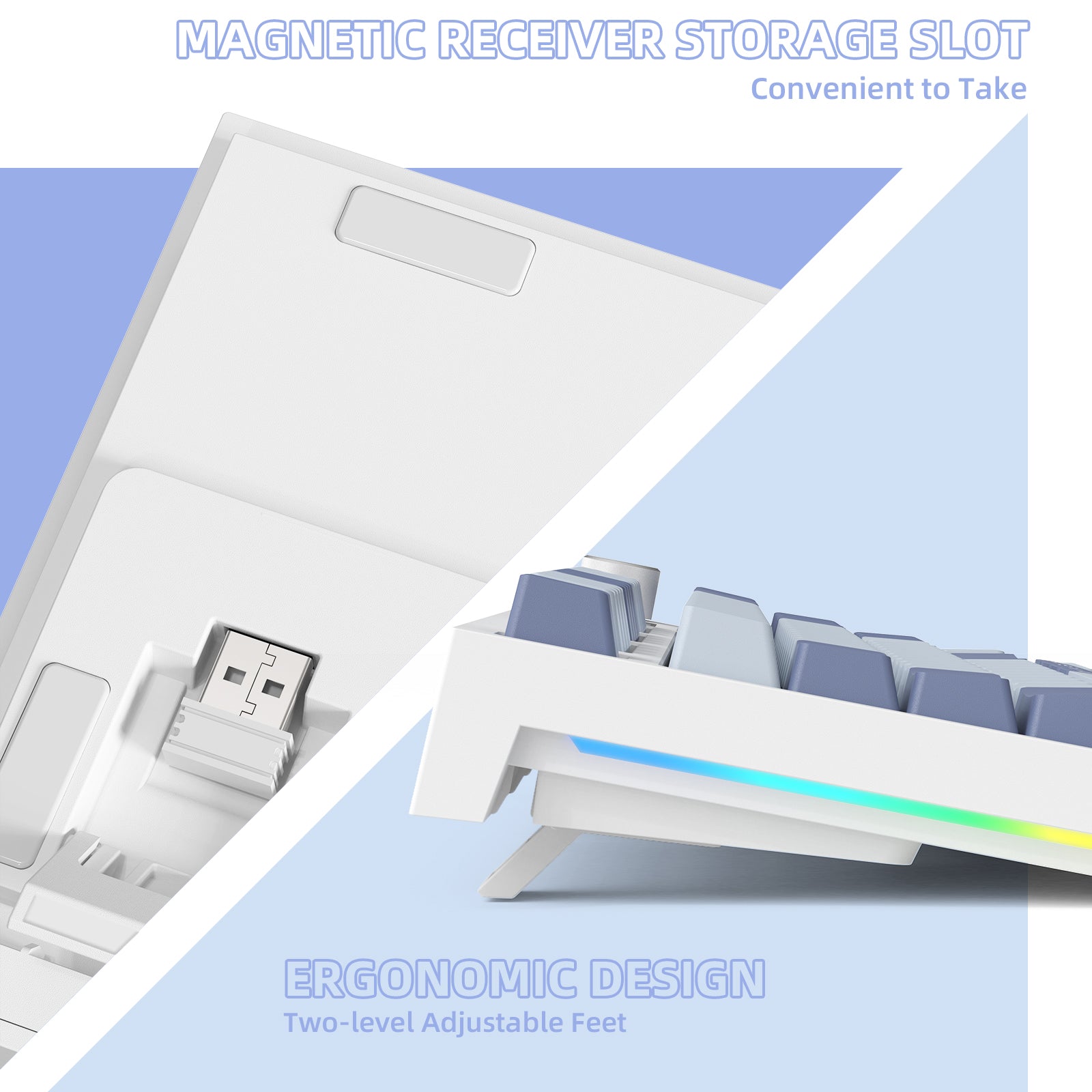 K86 keyboard underside featuring magnetic receiver slot and ergonomic adjustable feet.