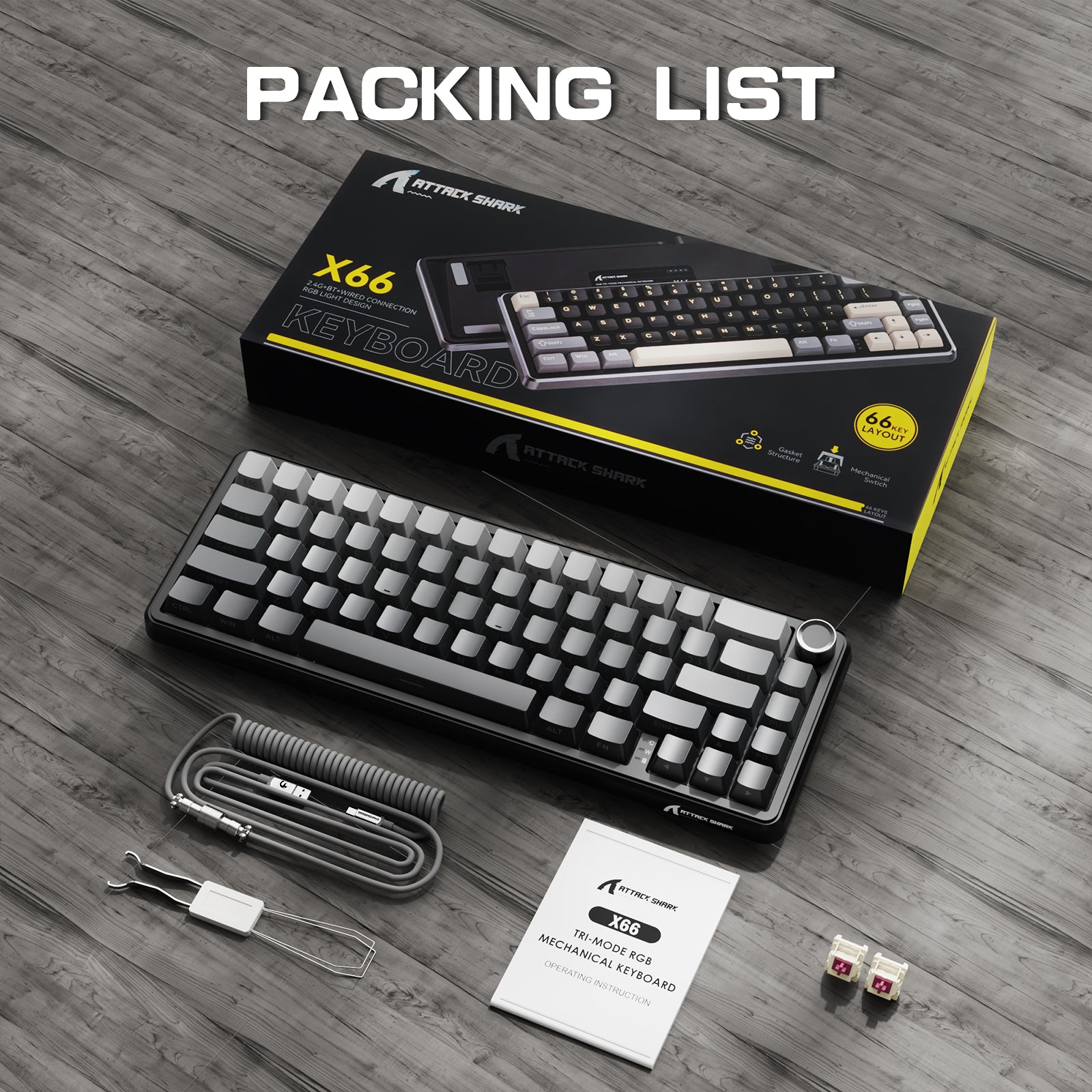 ATTACK SHARK X66 Wireless Mechanical Keyboard with 8K Coiled Cable