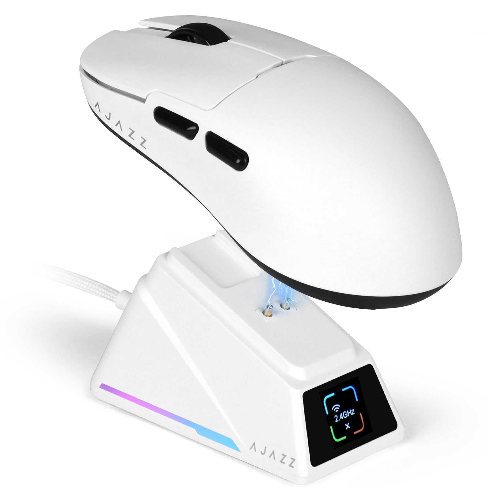 White AJAZZ AJ159 APEX gaming mouse on 8K charging dock showcasing colorful display