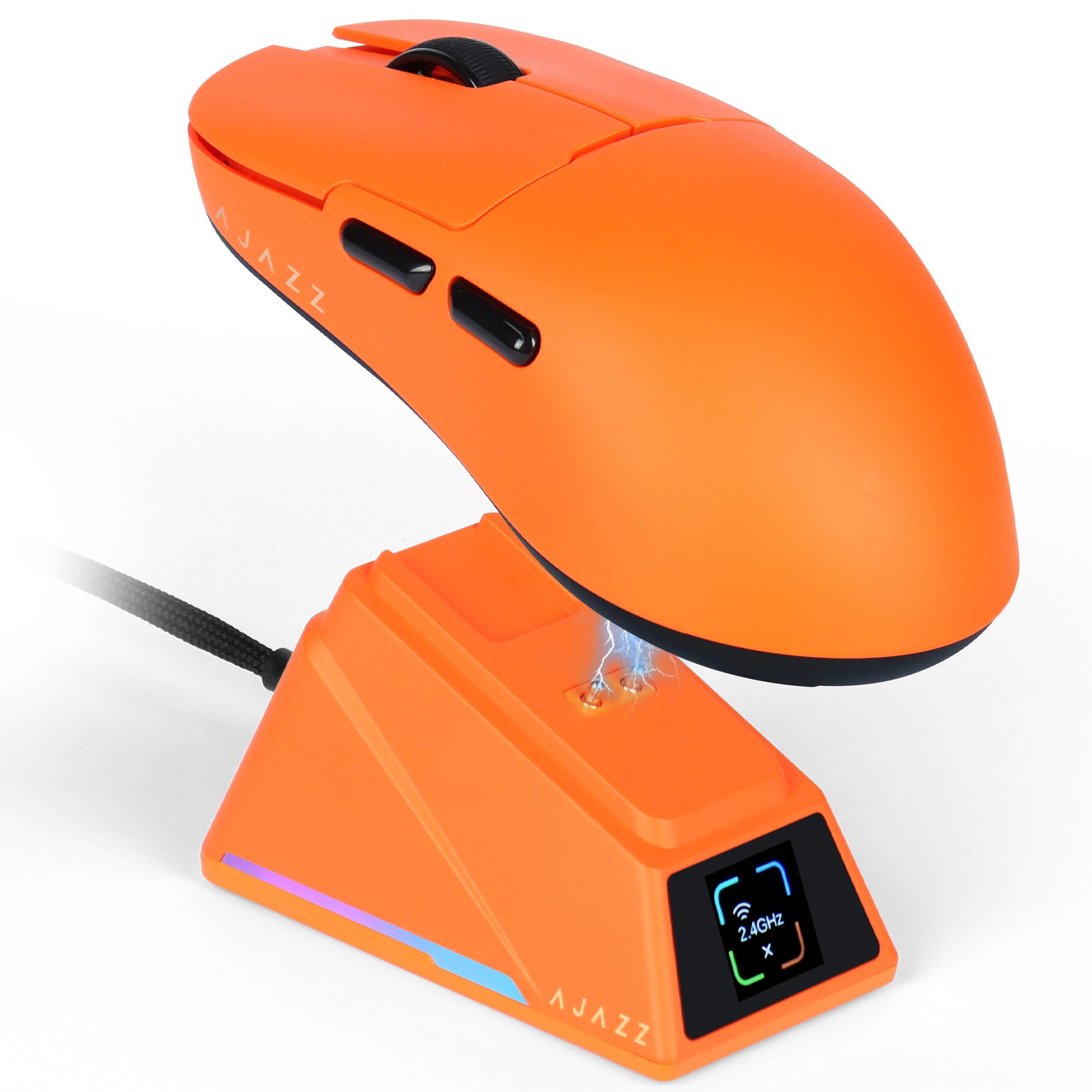 Vibrant orange AJAZZ AJ159 APEX mouse on 8K dock with color display