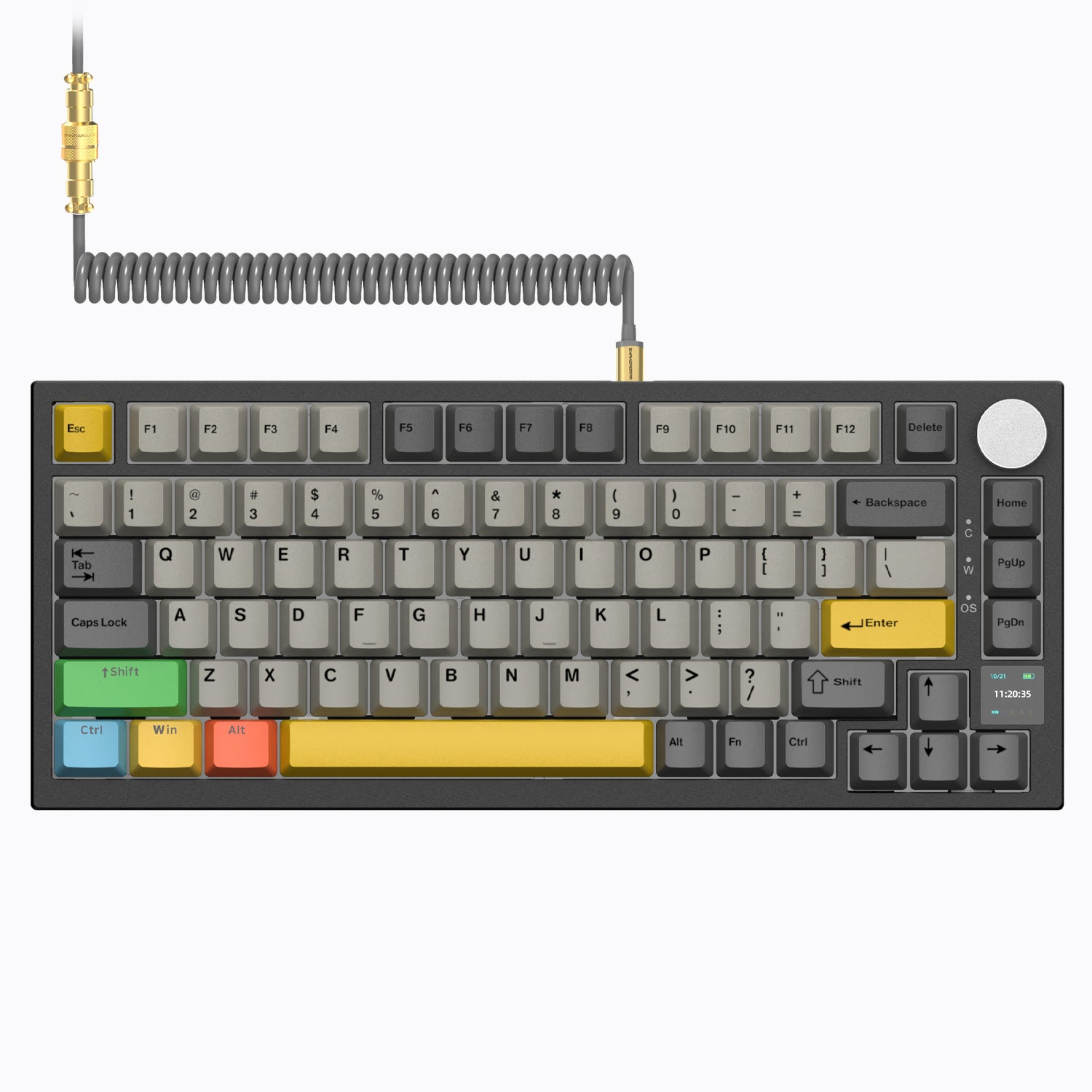 Attack Shark AK820 Pro mechanical keyboard in gray and yellow with coiled cable