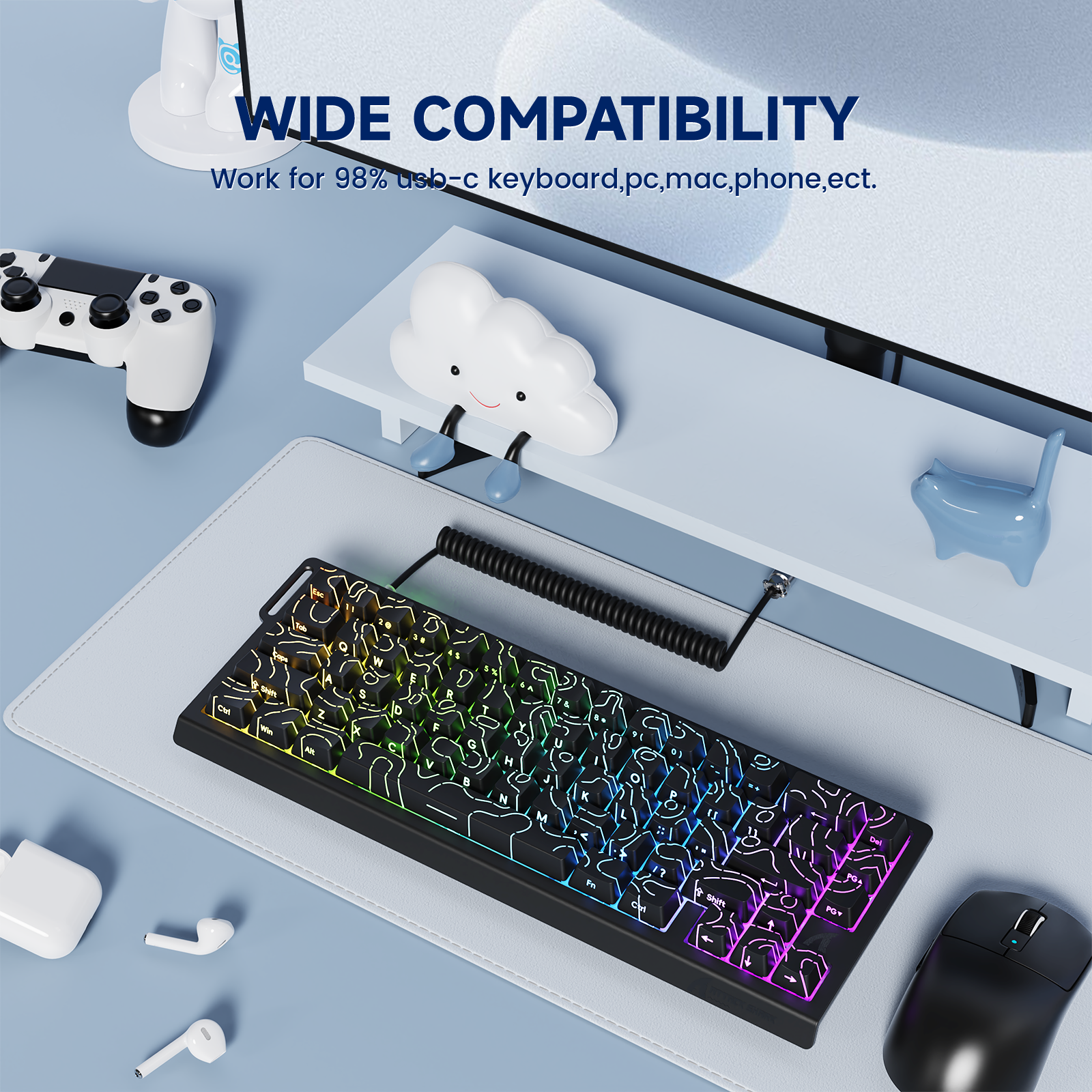 ATTACK SHARK keyboard, RGB & wide compatibility, coiled aviator cable. For PCs, Macs, phones. 