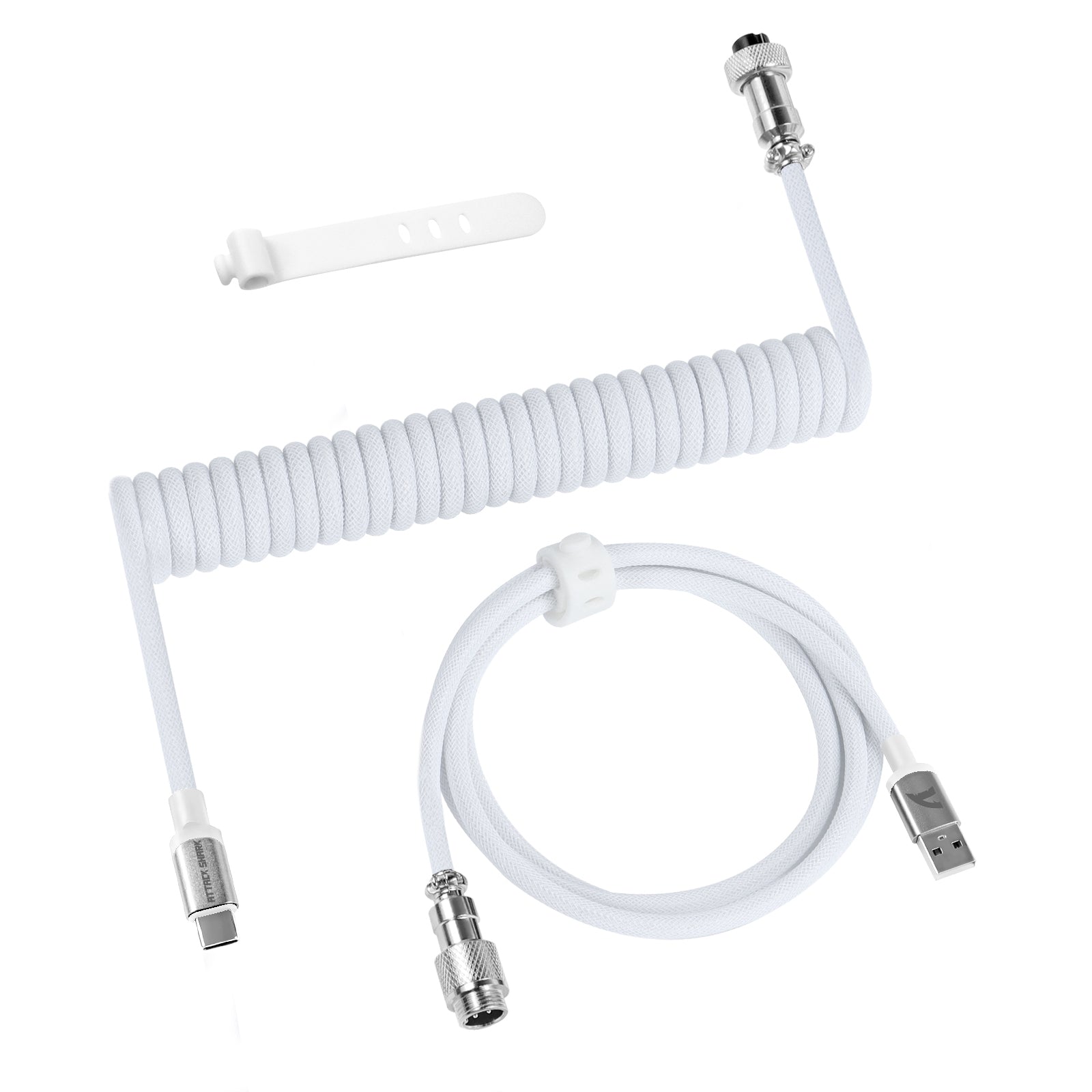 White coiled USB-C keyboard cable with metal connectors and detachable straight cable.