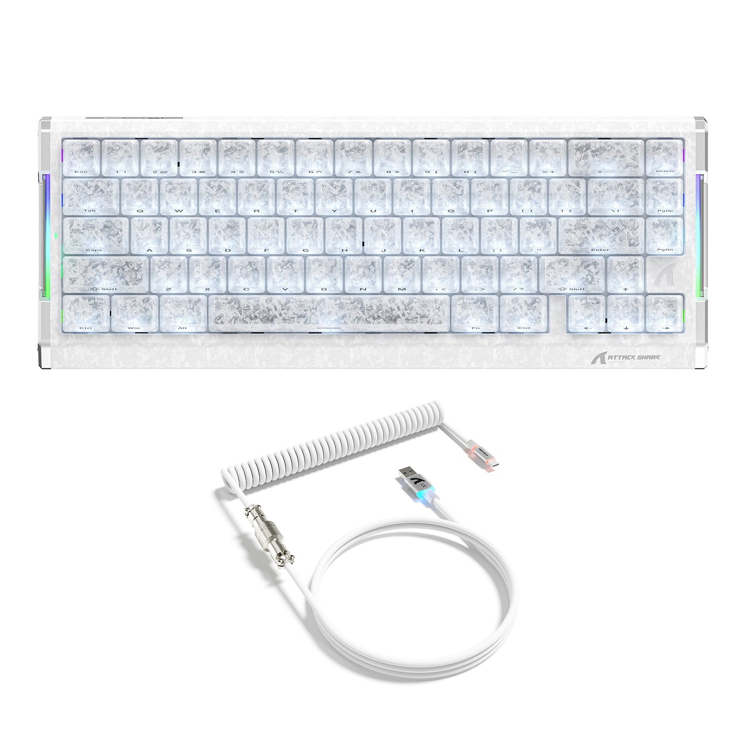 ATTACK SHARK R68 HE Carbon Fiber Wired Rapid Trigger keyboard with ice-themed keycaps and white RGB coiled cable.